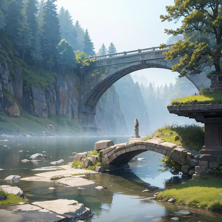 The old stone Megane Bridge,Hazy with fog,It is mirrored on the surface of the water,