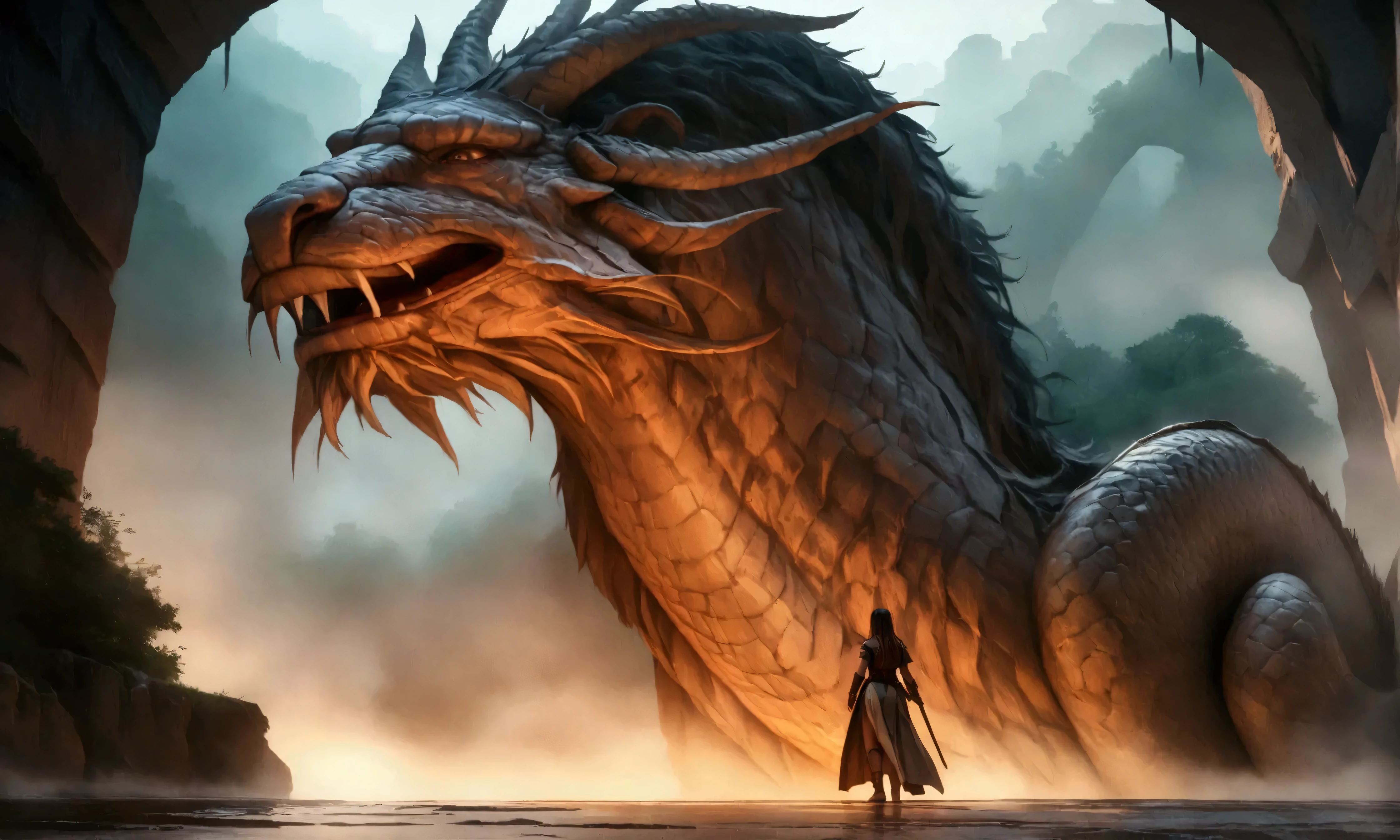 a cute woman in a sexy adventurer outfit, awestruck expression, an enormous Chinese dragon examining her with one eye, an ancient bridge in the fog, cinematic lighting, mist, atmospheric, fantasy, detailed digital art, masterpiece, 8k, photorealistic, ultra-detailed, vibrant colors, dramatic lighting, show all of her head to toe