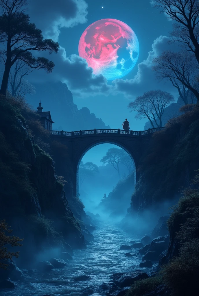 An ancient bridge enveloped in deep fog, with a red moon and a blue moon illuminating the scene, creating a mystical, otherworldly atmosphere. In the background, a majestic old castle can be seen, shrouded in mystery. The overall mood is enchanting and surreal, emphasizing the ethereal beauty of the two moons and the foggy landscape.、masterpiece,best quality,ultra detailed,8k portrait,highly detailed,super detailed skin,highly detailed background