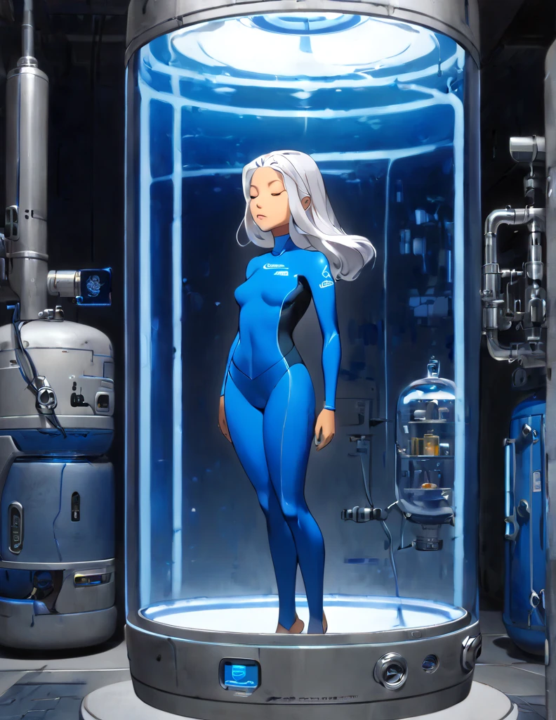 Tanned Woman with silver hair. She is wearing a skin-tight blue wetsuit. She is sleeping floating upright encased inside a cannister. The cannister has a glass window. Full body view. The cannister is in a sci-fi lab.