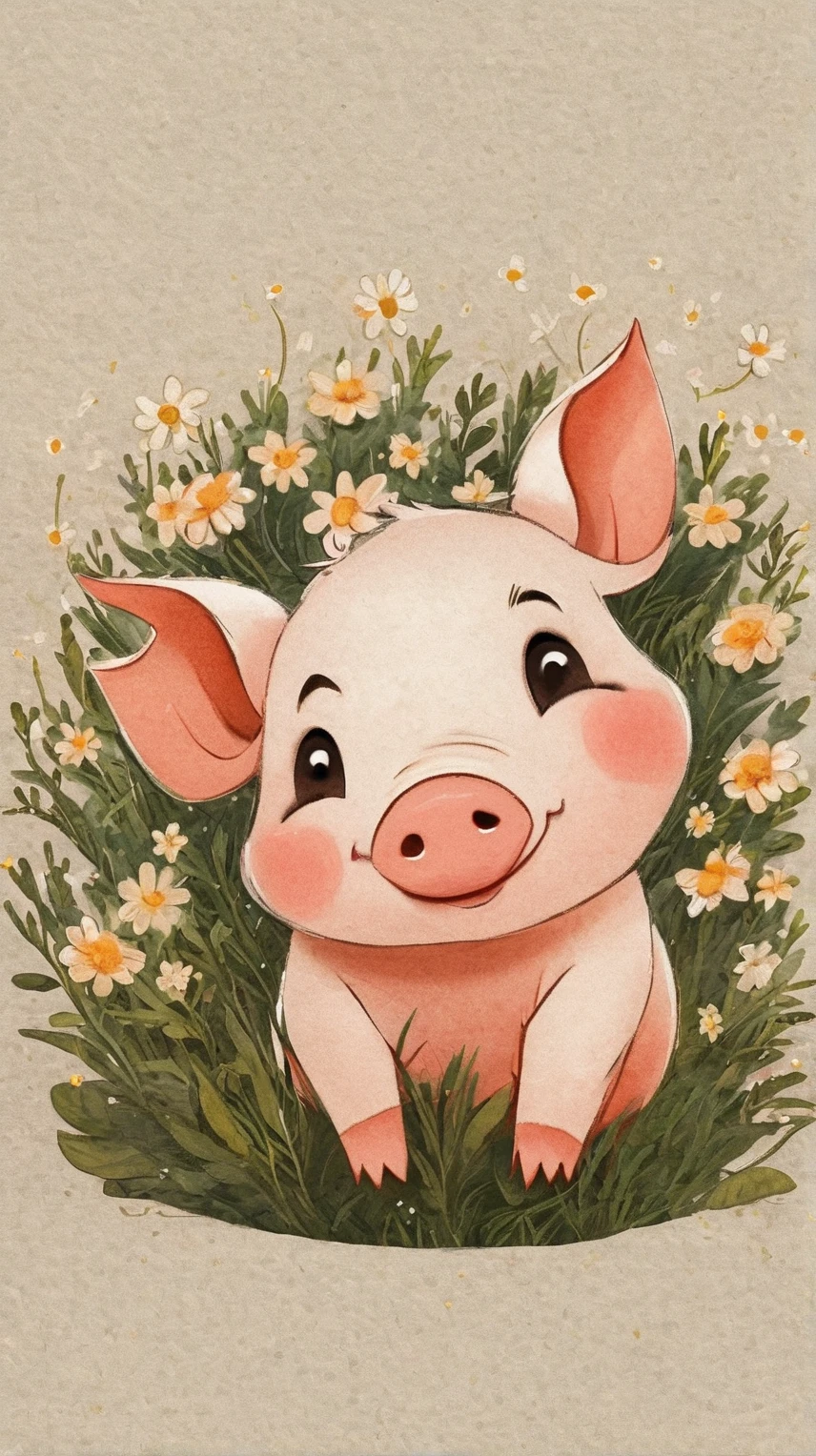 Neri_ art style , It's a cartoon baby pig lying on its back in a field of flowers.