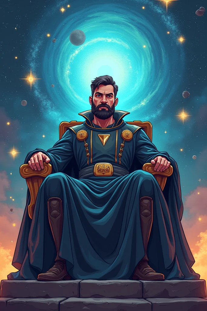 Create a 30-year-old white man cartoonized , with hair, medium beard and brown eyes , serious and mysterious on top of an altar and seated on the throne of king and governor, in the middle of the universe with stars , planets and galaxies behind mysterious , with futuristic and technological clothes .
No saint , not divine .