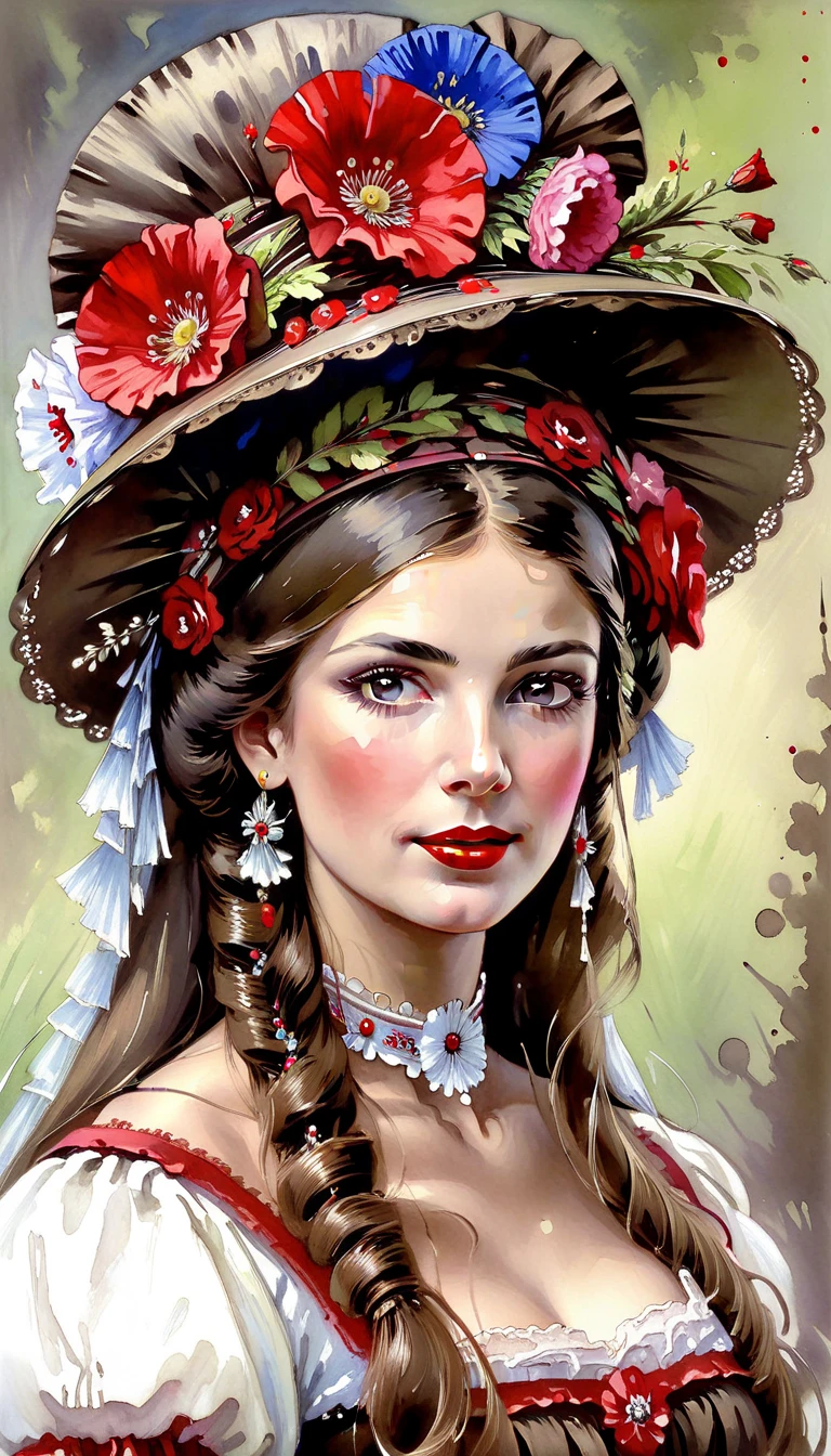 Hungarian Victorian Women Women of the 19th century, brown hair, (beautiful flower hat on her head), red lips, good resource, Vadim Kashin, James Gurney, ink, splatter art", remarkable beauty, Royo, after gender determination, super detailed splatter art modern european ink painting, (((best quality))), (((ultradetailed))), (((masterpiece))), il