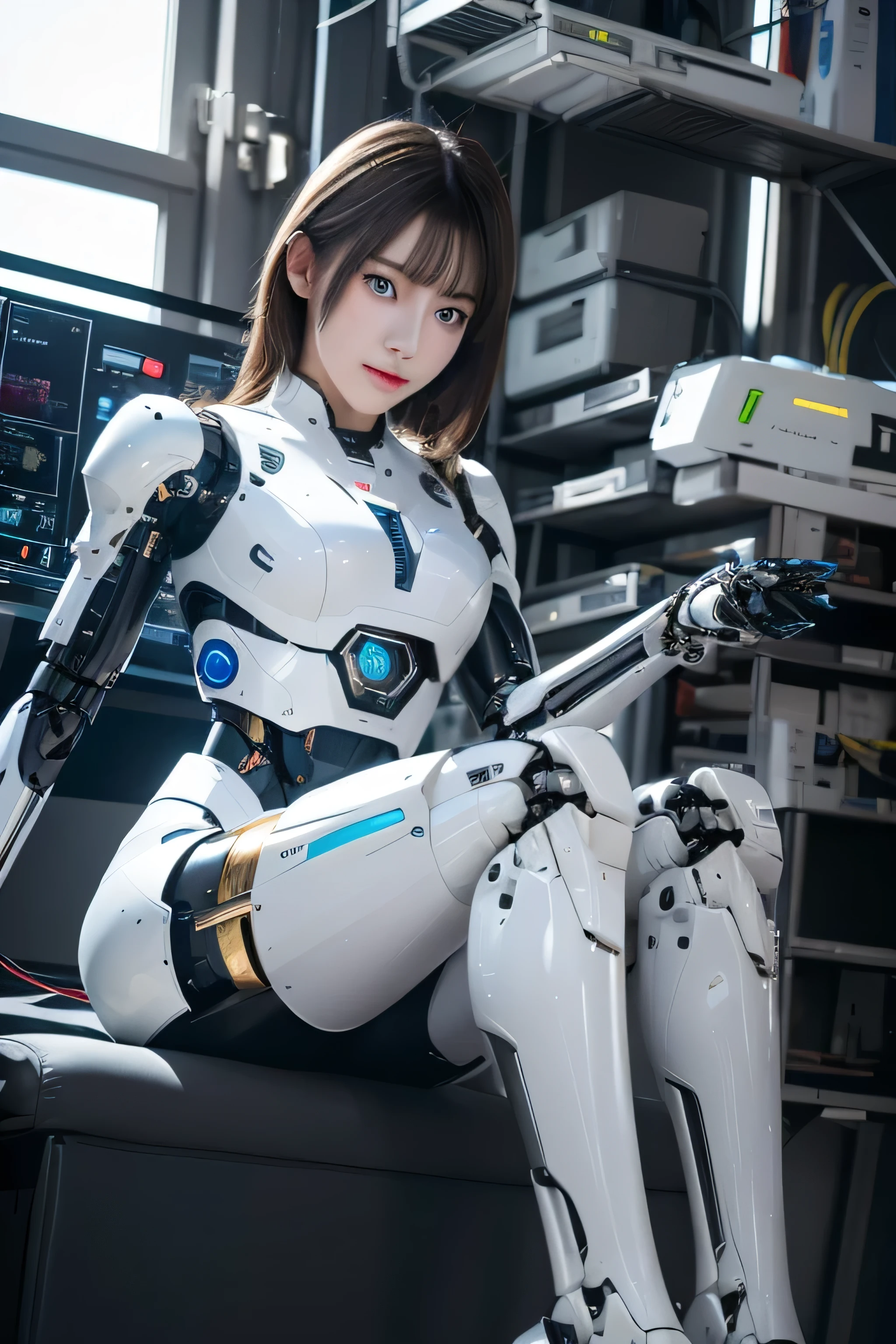 masterpiece, best quality, extremely detailed,8k portrait, Japanese android girl,Plump ,control panels,robot arms,robot,android,cyborg,white robot body,blunt bangs,robot repair plant,black knee high socks, masterpiece, Best Quality, Illustration, Ultra-detailed, finely detail, hight resolution, 8K Wallpaper, Perfect dynamic composition, Beautiful detailed cyan colored eyes, suits,Medium Hair,  Natural Color Lip, Random and sexy poses,Smile,‎Classroom、20 years girl、lifelike face、real looking skin、Realistic blue eyes、cute little, robotic neck, robotic arms and legs, deep blue eyes, career woman robot, robot girl, cyborg, control panels, control monitor in chest, 8K, RAW photos, Best quality, Masterpiece: 1.2),(best qualtiy，8K, Yes，32K，masterpiece，hyper HD：1.2) , Generate a highly detailed and realistic 4K description of a robot woman in a career suit, emphasizing every detail, from her attire to the surrounding environment, skinny body, perfect body, beautifull face, asian face, glowing skin, cyborg girl, deep blue eyes, android robot, mechanical details, korean robot girl, robotic chest, add chest monitor, perfect blue eyes, control panels, japanese android woman,perfect robot girl,long tube,thick cable connected her neck,android,robot,humanoid,cyborg, japanese cyborg girl , She is reprogramming now,chest monitor