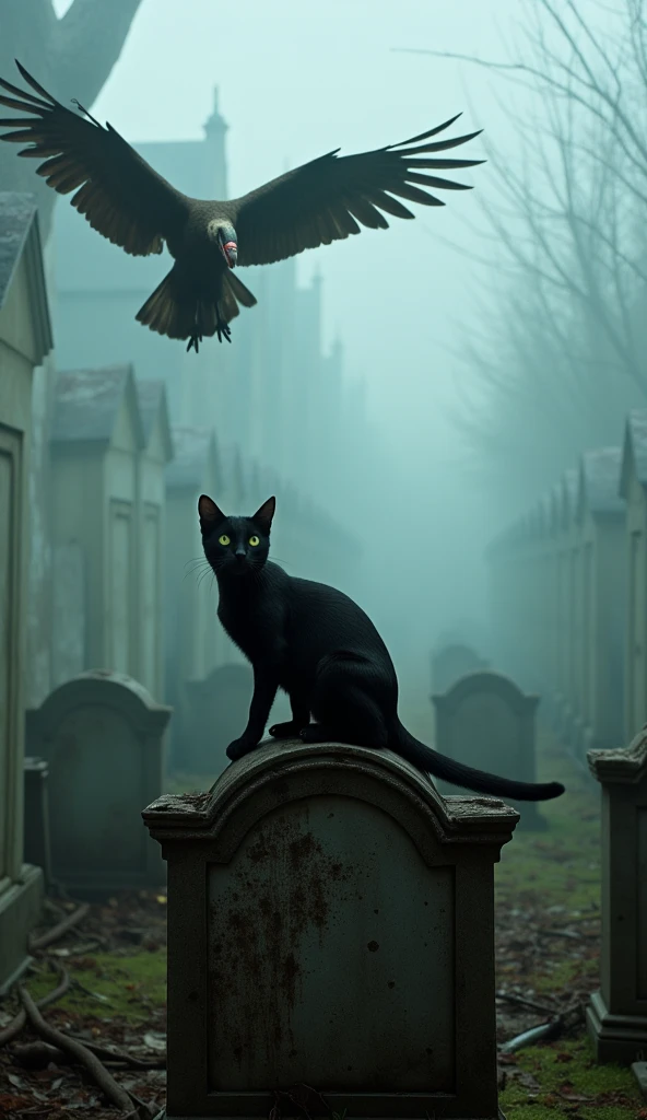 Horror scene, outlast, silent hill atmosphere. A black cat with glowing green eyes crouches on a crumbling tombstone, while a massive vulture with blood-stained feathers circles overhead. The graveyard is overgrown and shrouded in thick fog, with faint whispers echoing through the air, (Ultra-realistic, 32k, Masterpiece, High Quality, Detailed Realistic Background, Official Art, Realistic Lighting, filmfotos, film grain, reversal film photography), Mysterious