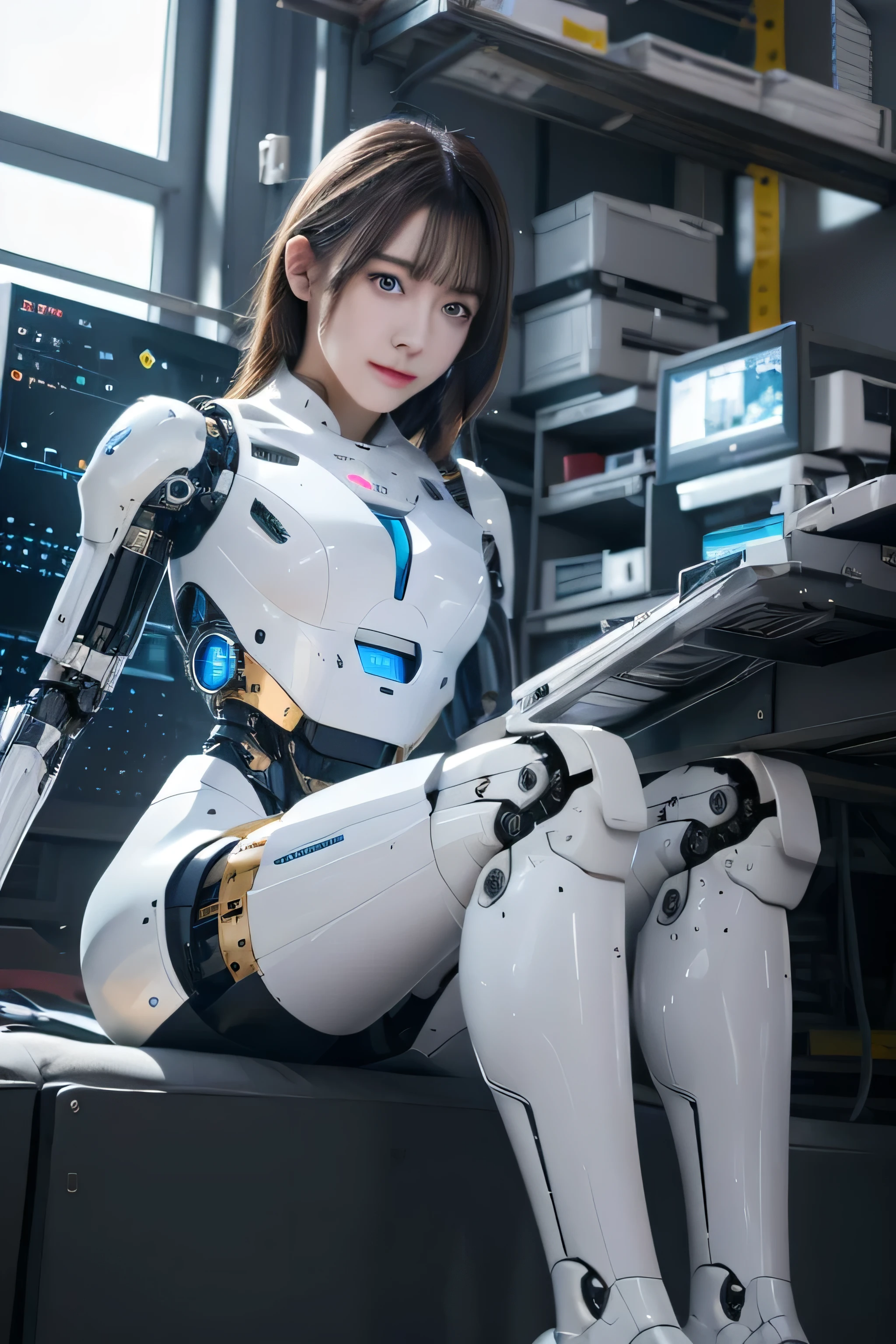 masterpiece, best quality, extremely detailed,8k portrait, Japanese android girl,Plump ,control panels,robot arms,robot,android,cyborg,white robot body,blunt bangs,robot repair plant,black knee high socks, masterpiece, Best Quality, Illustration, Ultra-detailed, finely detail, hight resolution, 8K Wallpaper, Perfect dynamic composition, Beautiful detailed cyan colored eyes, suits,Medium Hair,  Natural Color Lip, Random and sexy poses,Smile,‎Classroom、20 years girl、lifelike face、real looking skin、Realistic blue eyes、cute little, robotic neck, robotic arms and legs, deep blue eyes, career woman robot, robot girl, cyborg, control panels, control monitor in chest, 8K, RAW photos, Best quality, Masterpiece: 1.2),(best qualtiy，8K, Yes，32K，masterpiece，hyper HD：1.2) , Generate a highly detailed and realistic 4K description of a robot woman in a career suit, emphasizing every detail, from her attire to the surrounding environment, skinny body, perfect body, beautifull face, asian face, glowing skin, cyborg girl, deep blue eyes, android robot, mechanical details, korean robot girl, robotic chest, add chest monitor, perfect blue eyes, control panels, japanese android woman,perfect robot girl,long tube,thick cable connected her neck,android,robot,humanoid,cyborg, japanese cyborg girl , She is reprogramming now,chest monitor