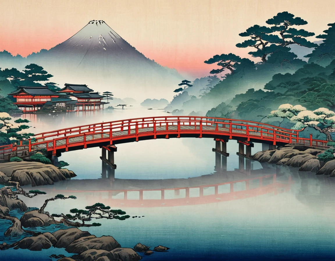 Ukiyo-e,** Togetsukyo Bridge, Japanese wooden traditional bridge**, fog, misty, colorful background, mysterious vibes