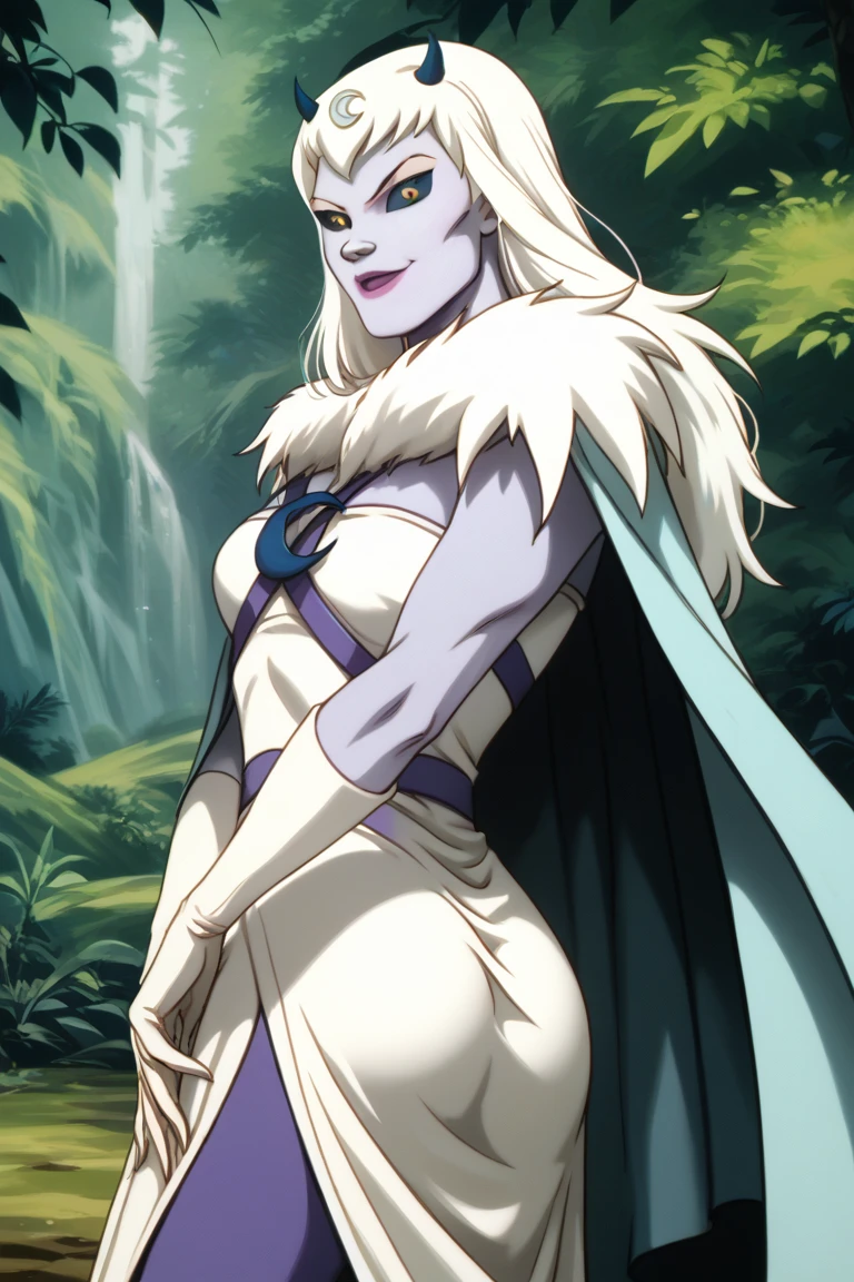 score_9, score_8_up, score_7_up, score_6_up, score_5_up, score_4_up, a girl in the frozen forest, smile, chilla, thundercats,  colored skin, cape, white hair, long hair, solo, cape covering body, black sclera, yellow eyes, from behind, look behind, score_9, source_anime, High Resolution, Detail, Masterpiece, 