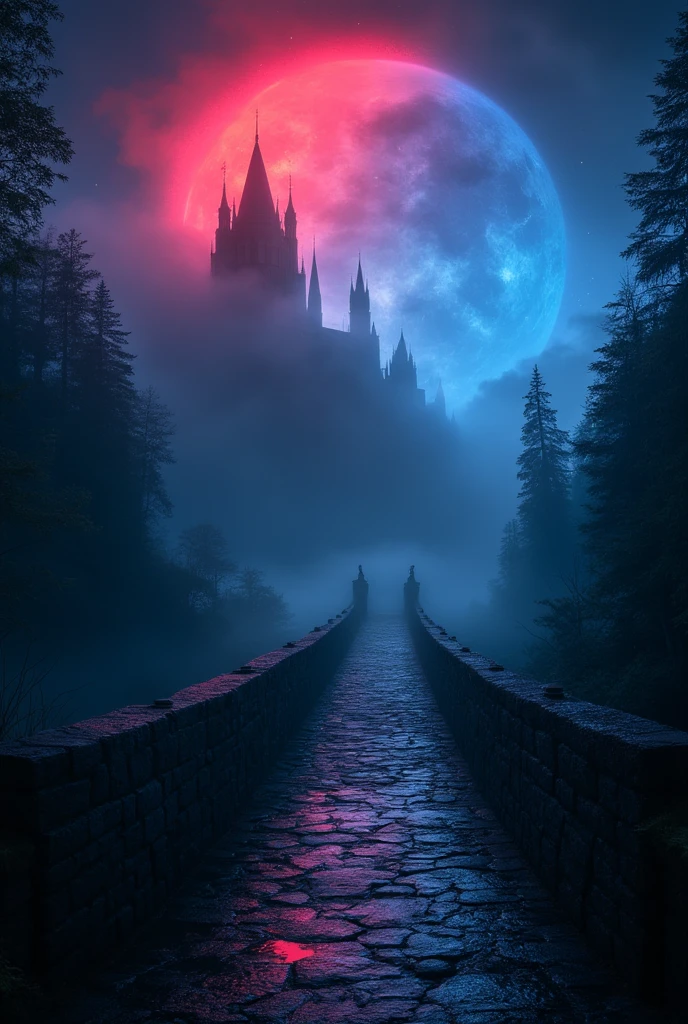 An ancient bridge enveloped in deep fog, with a red moon and a blue moon illuminating the scene, creating a mystical, otherworldly atmosphere. In the background, a majestic old castle can be seen, shrouded in mystery. The overall mood is enchanting and surreal, emphasizing the ethereal beauty of the two moons and the foggy landscape.、masterpiece,best quality,ultra detailed,8k portrait,highly detailed,super detailed skin,highly detailed background