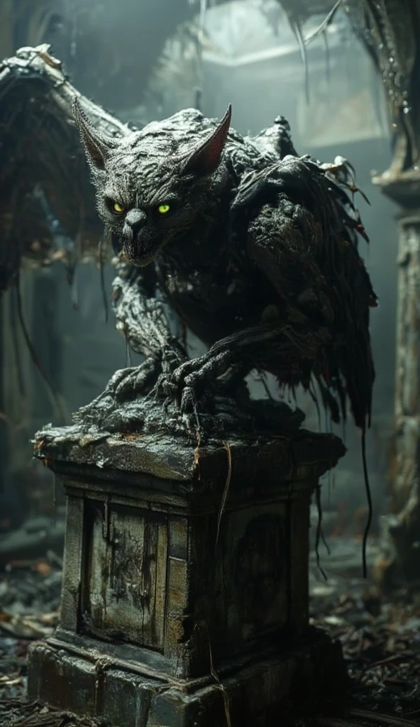 Horror scene, outlast, silent hill atmosphere. A grotesque hybrid of a vulture and cat perches on the crumbling tombstone. Its body is covered in patches of mangy fur and greasy feathers, and its wings are jagged and skeletal. The creature’s face is a horrifying blend of a cat’s sharp features and a vulture’s hooked beak, with glowing green eyes that pierce the fog. Shadows flicker unnaturally around it as it lets out an unholy screech, (Ultra-realistic, 32k, Masterpiece, High Quality, Detailed Realistic Background, Official Art, Realistic Lighting, filmfotos, film grain, reversal film photography), Mysterious