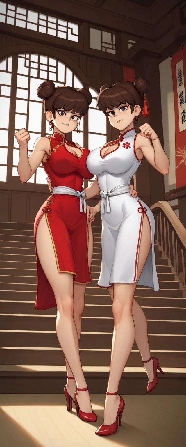 lynn loud, 2girl, duo, 24yo girl, large breasts, red cheongsam, inside of a chinese temple, looking at viewer, brunette hair, two hair buns , hands  score_9, score_8_up, score_7_up, high heels, teep fighting stance,martial arts, stairs behind her, guarding the stairs, chest window, twins