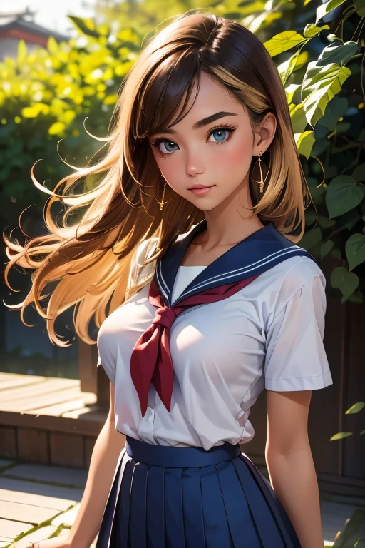 masterpiece,best quality,ultra highres,8k resolution,realistic,ultra detailed,sharp focus,RAW photo,1girl,solo,(1shot:1.3),
beautiful Japanese girl,large breasts,Small Waist,
school Uniform, navy blue sailor suit, short sleeves, red neckerchief, navy blue pleated mini skirt,
1girl,good hand,blonde long hair,earrings,sapphire eyes,
break,gal,deep makeup,The skirt flutters in the wind,