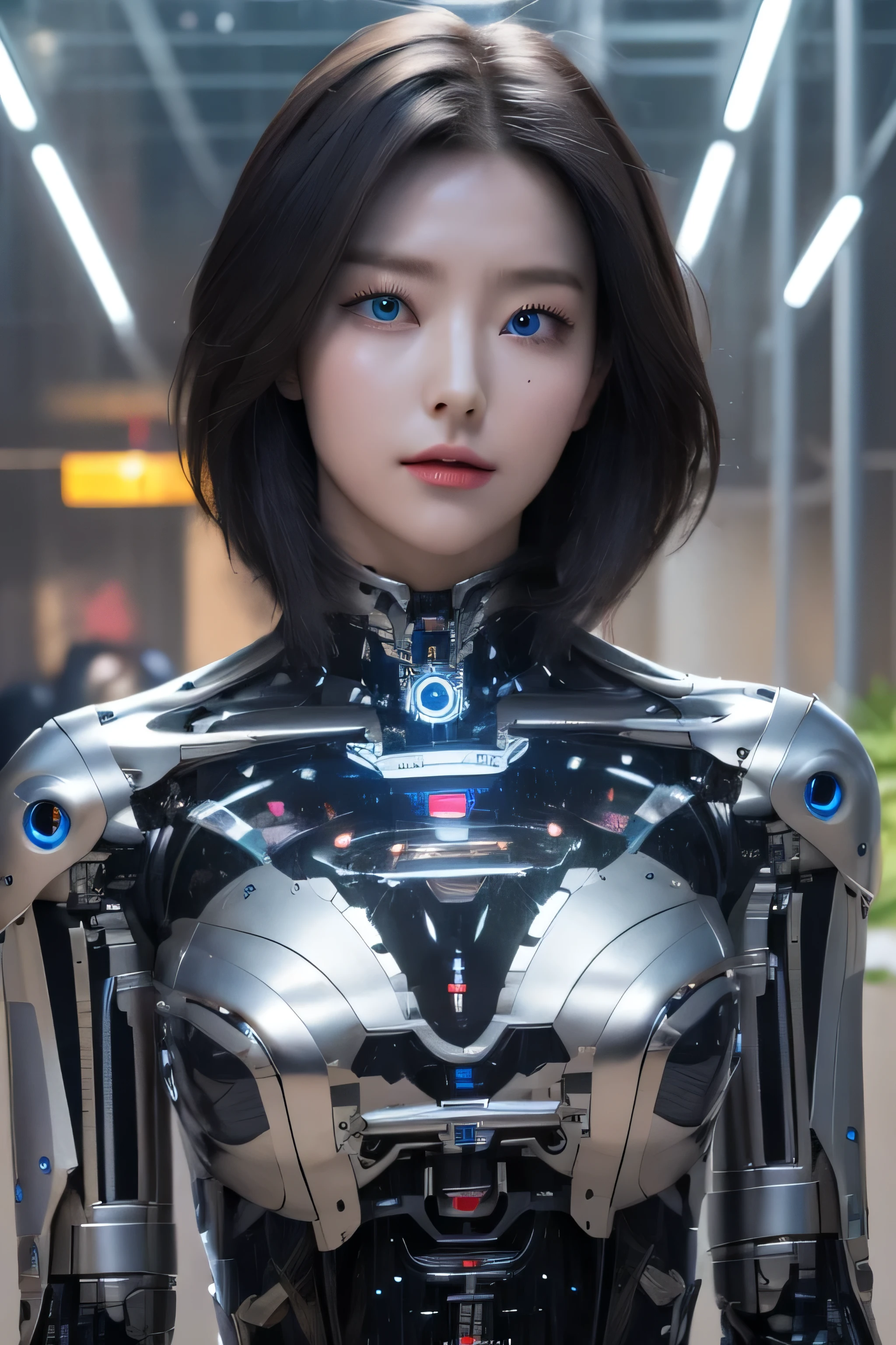 masterpiece, best quality, extremely detailed,  korean android girl,Plump , control panels,android,Droid,Mechanical Hand, Robot arms and legs, Black Robot Parts,Black hair,Mechanical body,Blunt bangs,White robotics parts,perfect robot girl,future information counter,reception,long tube,thick cable connected her neck,ceramic body ,mechanical body,mechanical costume,android,robot,humanoid,cyborg,information office,Korean android receptionist ,mechanical chest,blue eyes,