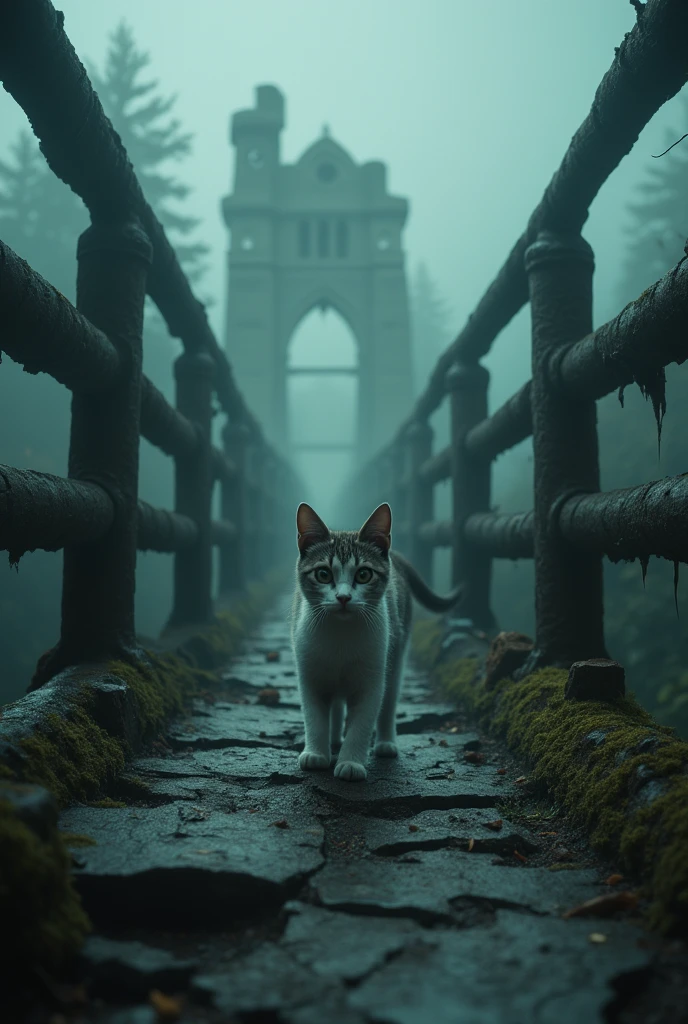 An old, crumbling bridge shrouded in deep fog, with a frightened cat cautiously crossing it. The atmosphere is eerie and mysterious, capturing the essence of fear and uncertainty. The bridge is weathered, with moss and cracks, surrounded by a dense mist that adds to the tension of the scene. The cat is depicted with wide eyes and a tense posture, emphasizing its fear.、masterpiece,best quality,ultra detailed,8k portrait,highly detailed,super detailed skin,highly detailed background