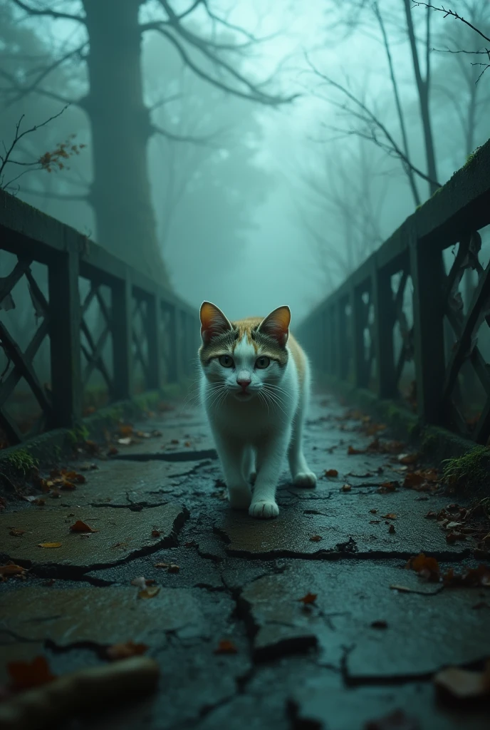 An old, crumbling bridge shrouded in deep fog, with a frightened cat cautiously crossing it. The atmosphere is eerie and mysterious, capturing the essence of fear and uncertainty. The bridge is weathered, with moss and cracks, surrounded by a dense mist that adds to the tension of the scene. The cat is depicted with wide eyes and a tense posture, emphasizing its fear.、masterpiece,best quality,ultra detailed,8k portrait,highly detailed,super detailed skin,highly detailed background