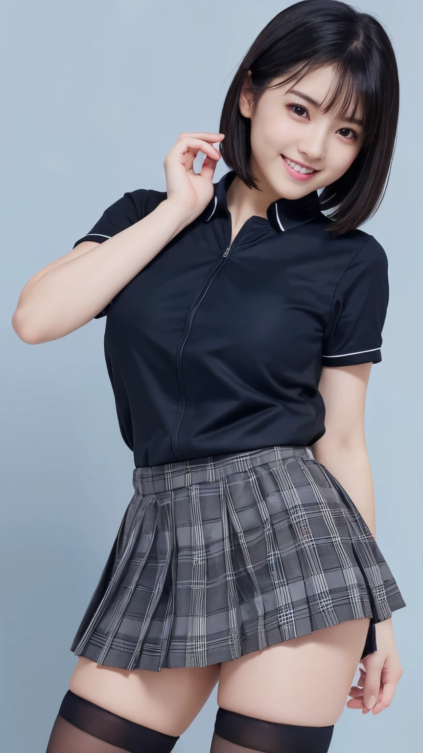 (Masterpiece:1.2, high quality), simple background,gray background, Chest thrust pose, Chest show-off pose,breast appeal pose,(japanese girl),(15yo), solo, 
white school  shirt ,
black eyes, navy blue school miniskirt, pure gaze, navy socks,plaid skirt, arms behind back,hands behind back,
((Tight fitting clothes)), ((Tight fitting shirt)) , (see-through shirt:0.75)
,arms behind back
black hair, black eyes,
kawaii, light smile, (sweat), short hair, Black Hair,  hash cut,layer cut, ((messy hair )),hair between eyes, (beauty legs),volumirous breasts,big breasts,
((Cute face)),((pretty face)),
face detail, 
thin eyebrows ,
glow skin,face focus, breast focus ,thigh focus,glow skin


