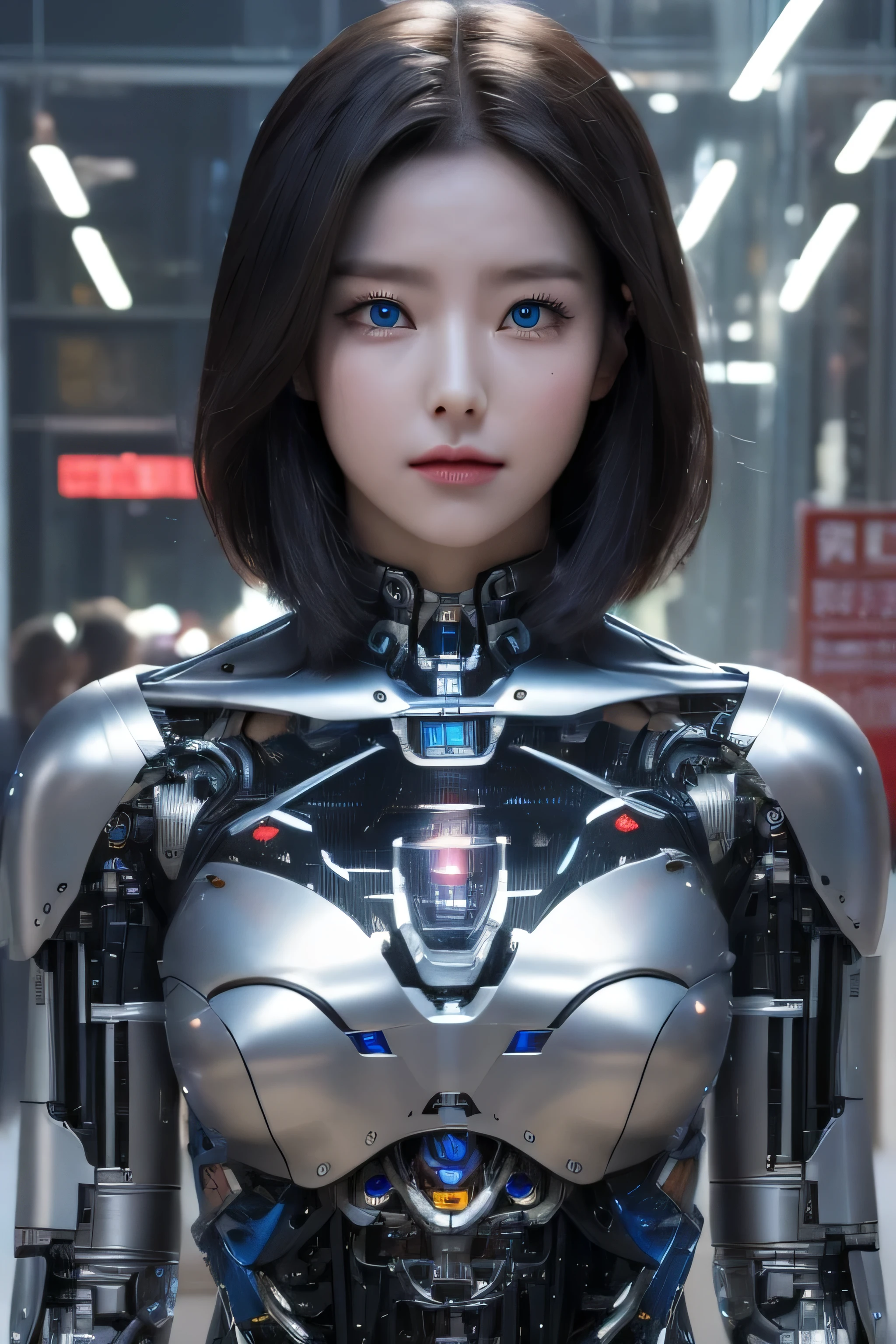 masterpiece, best quality, extremely detailed,  korean android girl,Plump , control panels,android,Droid,Mechanical Hand, Robot arms and legs, Black Robot Parts,Black hair,Mechanical body,Blunt bangs,White robotics parts,perfect robot girl,future information counter,reception,long tube,thick cable connected her neck,ceramic body ,mechanical body,mechanical costume,android,robot,humanoid,cyborg,information office,Korean android receptionist ,mechanical chest,blue eyes,