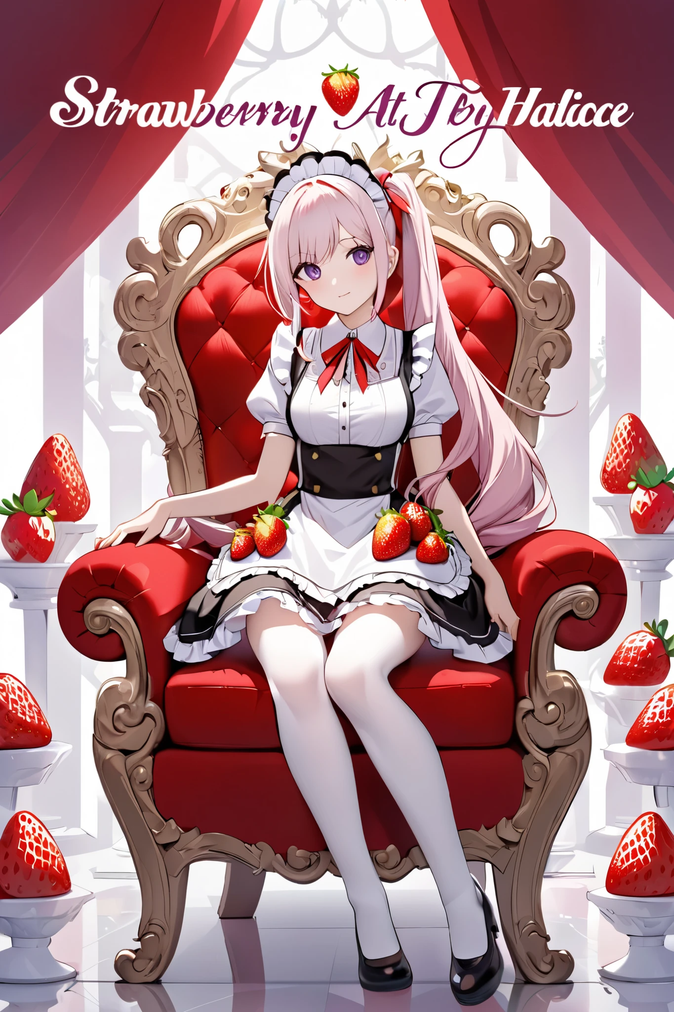 Anime girl, white long haired, two pony tail
three ribbons on the left three ribbons on the right of her pony tail, purple eyed color, 
wearing princess maid attire, (strawberry design), color white, with red and pink, sitting 
on the red throne, in a white palace background, with a big brown text "AMETHYST"at her back (top)
