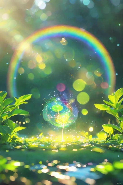  fantasy landscape in green nature、 fairy tale、Light shines in、 bright 、Fairies are there 。Reflection of light、Warmly、 soap bubble 、rainbow