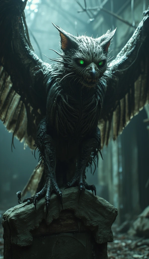 Horror scene, outlast, silent hill atmosphere. A grotesque hybrid of a vulture and cat perches on the crumbling tombstone. Its body is covered in patches of mangy fur and greasy feathers, and its wings are jagged and skeletal. The creature’s face is a horrifying blend of a cat’s sharp features and a vulture’s hooked beak, with glowing green eyes that pierce the fog. Shadows flicker unnaturally around it as it lets out an unholy screech, (Ultra-realistic, 32k, Masterpiece, High Quality, Detailed Realistic Background, Official Art, Realistic Lighting, filmfotos, film grain, reversal film photography), Mysterious