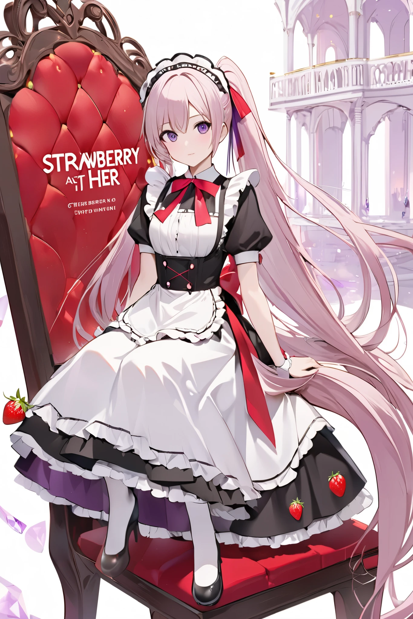 Anime girl, white long haired, two pony tail
three ribbons on the left three ribbons on the right of her pony tail, purple eyed color,
wearing princess maid attire, (strawberry design), color white, with red and pink, sitting
on the red throne, in a white palace background, with a big brown text "AMETHYST"at her back (top)