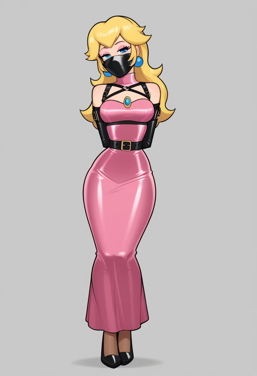 score_9, score_8_up, score_7_up, 1girl (Peach from super mario lore, starryNightDress, pink long party dress, dark pink dress, sexy dress), flirt, gaze, sexy look, half-closed eyes, head tilt, makeup, (full bodies in view) expressiveh d4rk01l, perfect hands, perfect proportions, simple background. standing,  belt bondage, bound arms, arms behind back, tight mask, black mask, nude legs, (armbinder tied), (armbinder: 1.4), (front view), (sexy pose), (leather mask), (wrap mask), complete body .