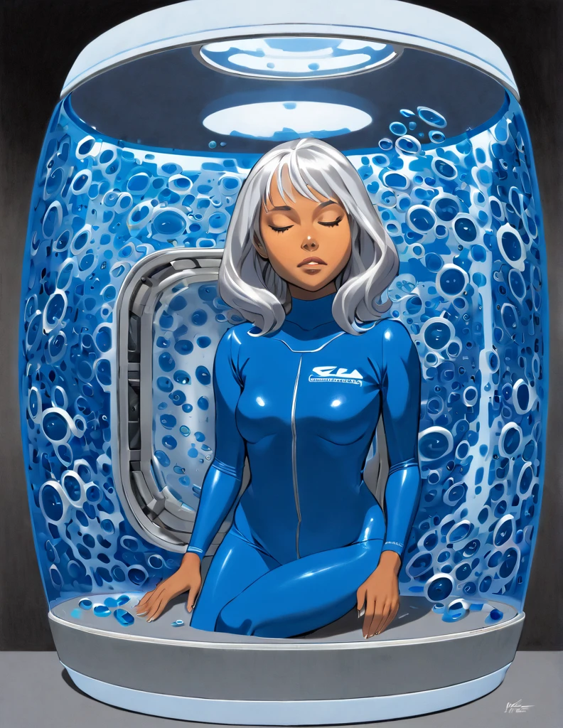 Tanned Woman with silver hair. She is wearing a skin-tight blue wetsuit. She is sleeping floating upright encased inside a cannister. The cannister has a glass window. The cannister is in a sci-fi lab.