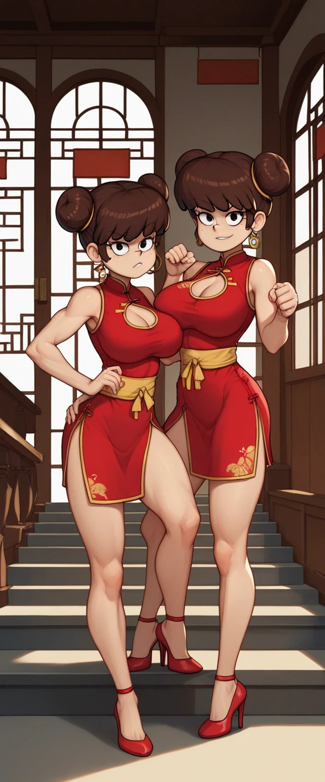 lynn loud, 2girl, duo, 24yo girl, large breasts, red cheongsam, inside of a chinese temple, looking at viewer, brunette hair, two hair buns , hands  score_9, score_8_up, score_7_up, high heels, teep fighting stance,martial arts, stairs behind her, guarding the stairs, chest window, twins