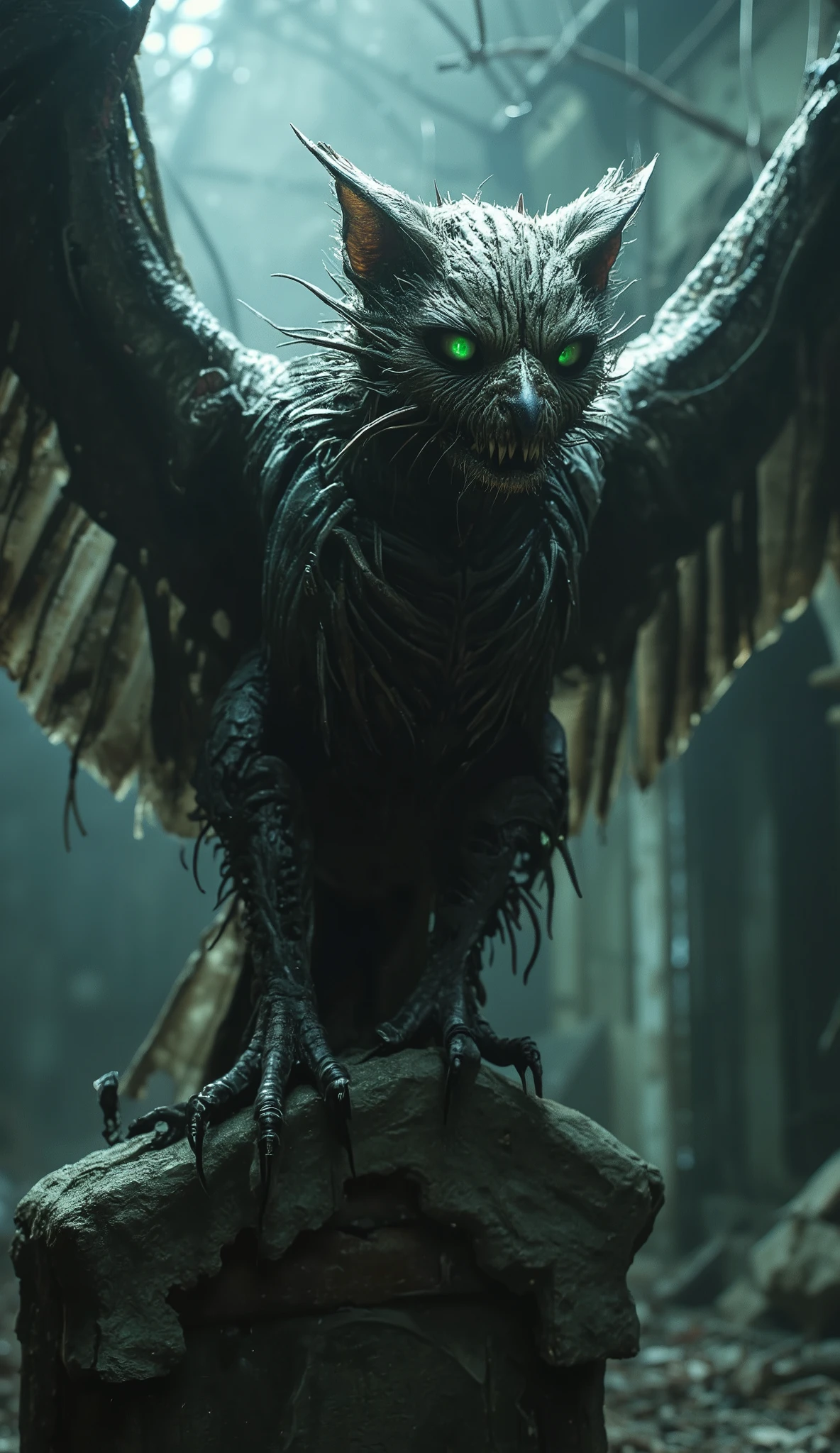 Horror scene, outlast, silent hill atmosphere. A grotesque hybrid of a vulture and cat perches on the crumbling tombstone. Its body is covered in patches of mangy fur and greasy feathers, and its wings are jagged and skeletal. The creature’s face is a horrifying blend of a cat’s sharp features and a vulture’s hooked beak, with glowing green eyes that pierce the fog. Shadows flicker unnaturally around it as it lets out an unholy screech, (Ultra-realistic, 32k, Masterpiece, High Quality, Detailed Realistic Background, Official Art, Realistic Lighting, filmfotos, film grain, reversal film photography), Mysterious