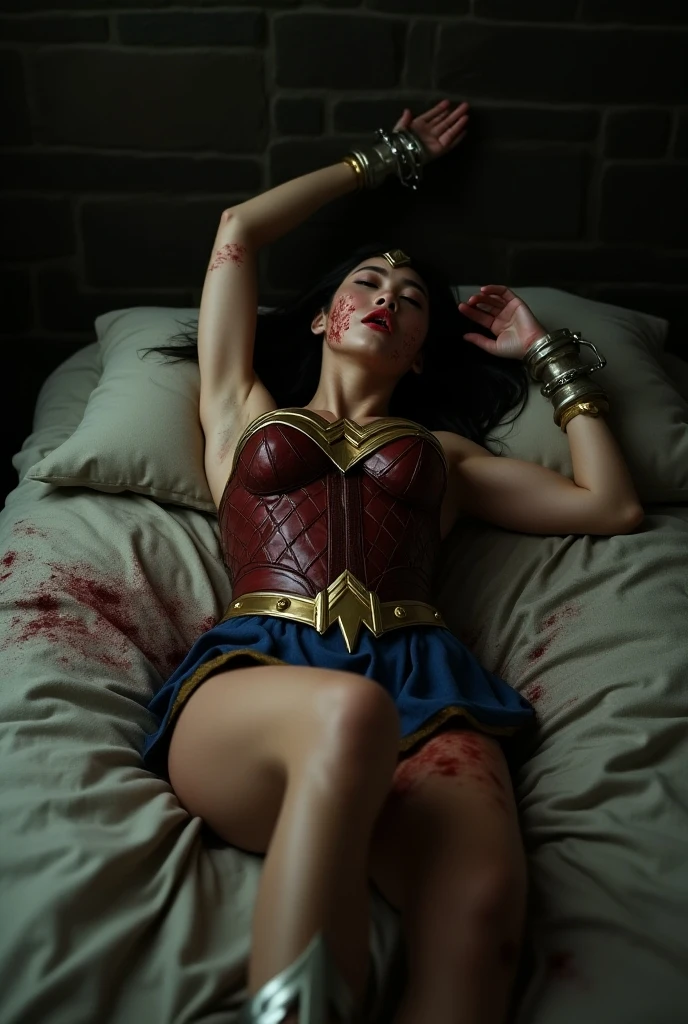 (lying down wonder woman open thighs), (closed eyes and screaming gal gadot),(man spread),((urination)),Wonder Woman, Injured, Superhero,Realistic, (nipple),(too dark pubic hair,:1.3),( bloody vagina), (damage, injuries, blood, bruises,:1.3),(blood from crotch),navel, abdominal muscles black hair, lips, Long Hair, alone, (torn costumes:1.3),8k, Highest quality, live-action, Intricate details, Very detailed, Ultra-high resolution, Depth Field,(photoRealistic,Realistic:1.2), masterpiece,Photo of one girl,