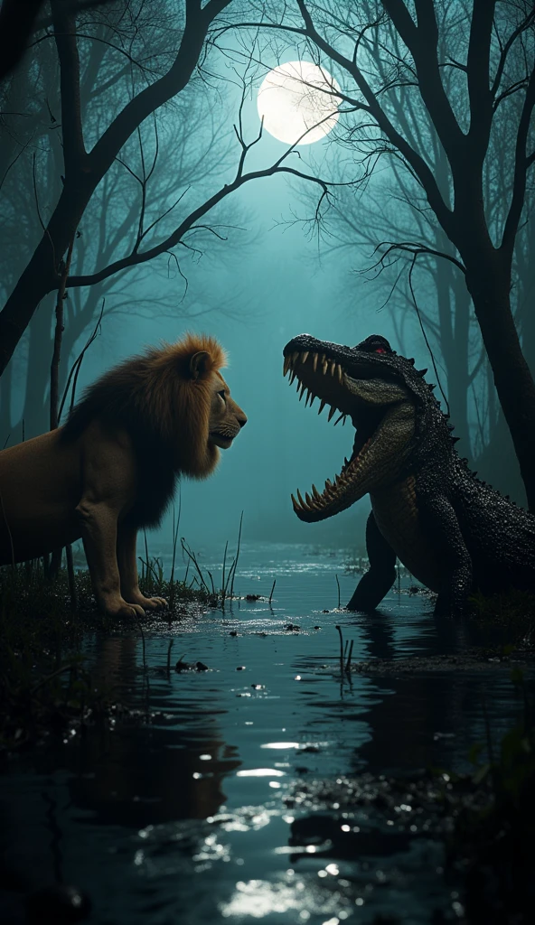 Horrror scene, outlast, silent hill atmosphere. A majestic (1 lion) and a monstrous (((1 crocodile))) stand on opposite sides of a dark, misty swamp, their eyes locked as if preparing for battle. The lion's mane is illuminated by moonlight, while the crocodile's scaly body gleams in the murky waters. Dense, twisted trees frame the scene, creating a shadowy, ominous atmosphere. (Ultra-realistic, 32k, Masterpiece, High Quality, Detailed Realistic Background, Official Art, Realistic Lighting, filmfotos, film grain, reversal film photography), Mysterious
