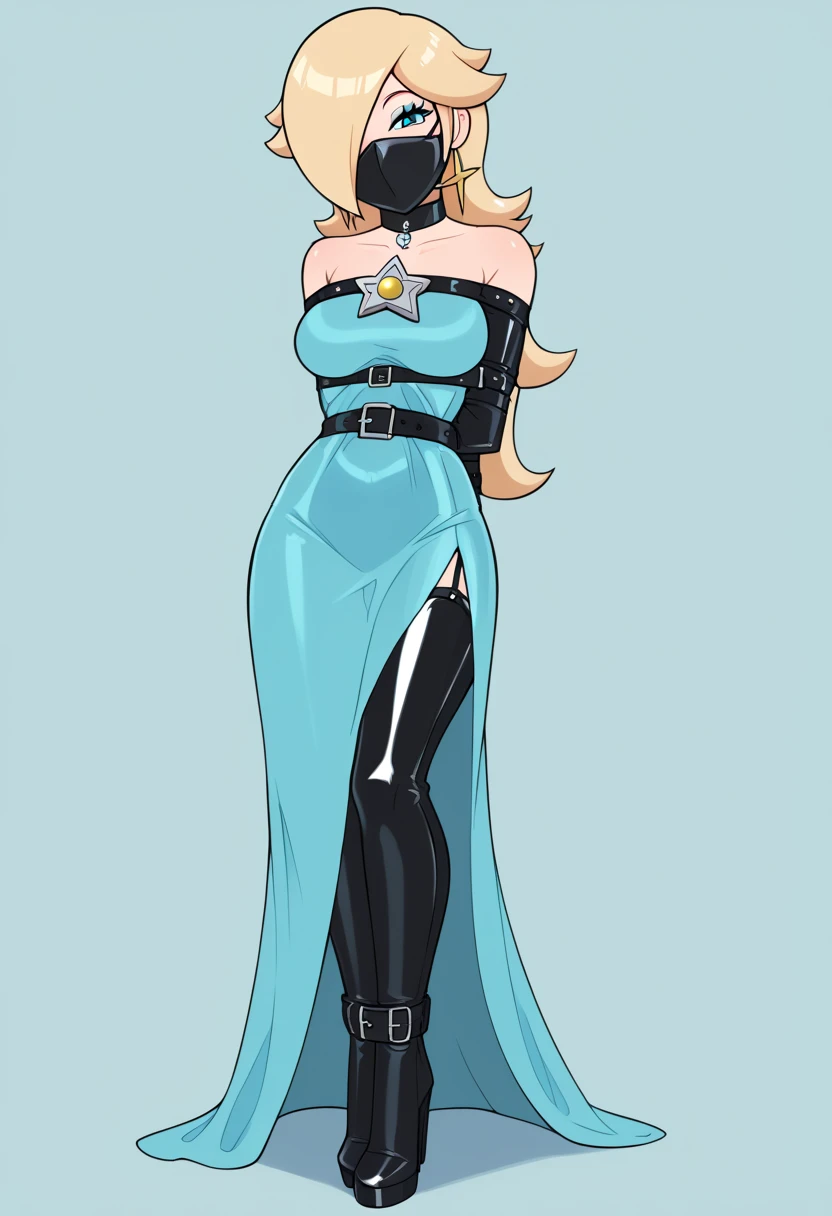 score_9, score_8_up, score_7_up, 1girl (Rosalina, from super mario lore, , Rosalina_StarryNightDress, dark blue long party dress, dark blue dress, long dress), flirt, gaze, sexy look, half-closed eyes, head tilt, makeup, (full bodies in view) expressiveh d4rk01l, perfect hands, perfect proportions, simple background. standing,  belt bondage, bound arms, arms behind back, tight mask, black mask, nude legs, (armbinder tied), (armbinder: 1.4), (front view), (sexy pose), (leather mask), complete body .