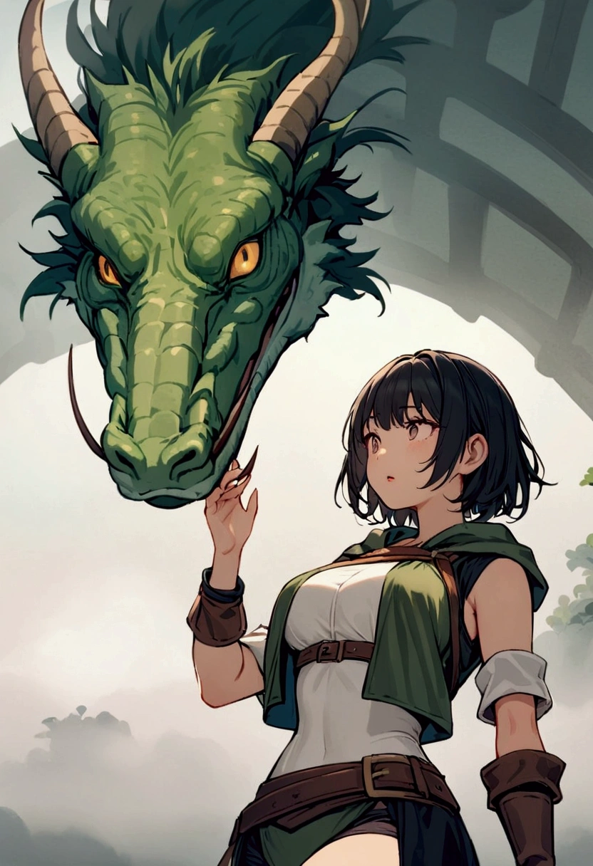 A woman (cute, sexy adventurer outfit, awestruck) is staring at an enormous Chinese dragon that is examining her with one eye, Ancient Bridge in the fog