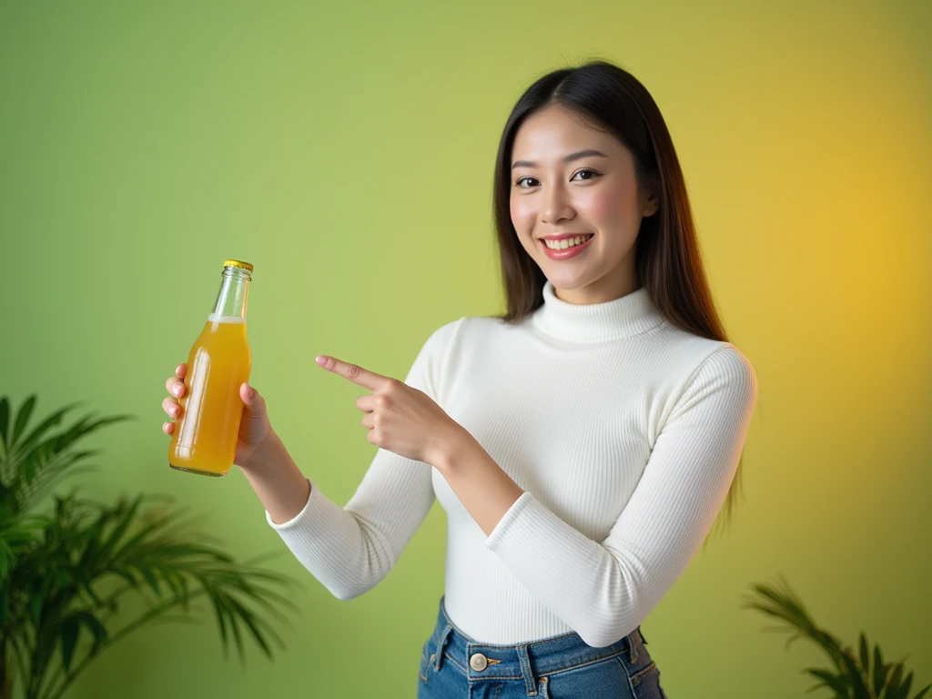 A beautiful Asian woman in a white ribbed turtleneck sweater and blue jeans, holding and pointing to a yellow-green beverage bottle against a green-yellow gradient background with organic nature-inspired patterns, studio lighting setup with soft shadows, smiling warmly at camera, high-end commercial photography style, bright and vibrant product shot, professional color grading, sharp details