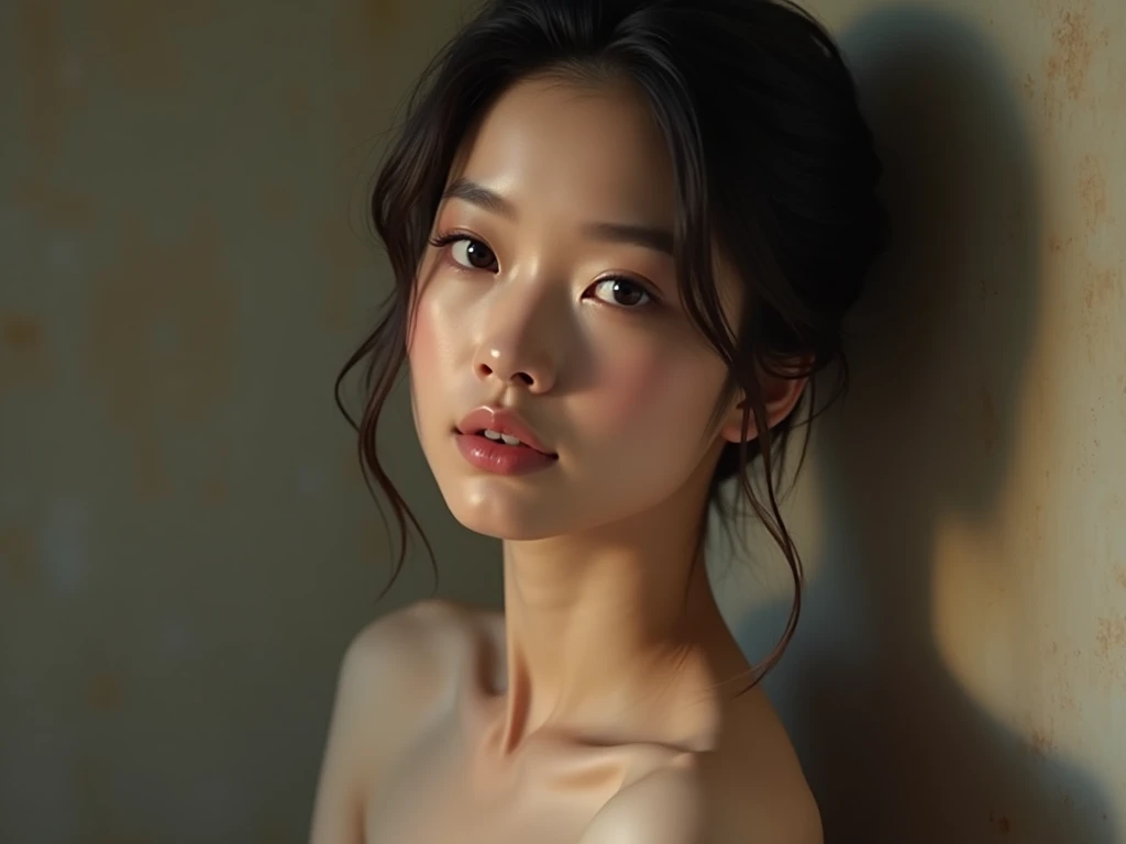 a woman, has a small nose, shining eyes, thick black hair that is tied up, not wearing clothes