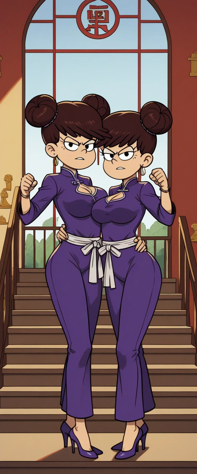 luna loud, 2girl, duo, 24yo girl, large breasts, purple cheongsam, inside of a chinese temple, looking at viewer, brunette hair, two hair buns , hands  score_9, score_8_up, score_7_up, high heels, teep fighting stance,martial arts, stairs behind her, guarding the stairs, chest window, twins