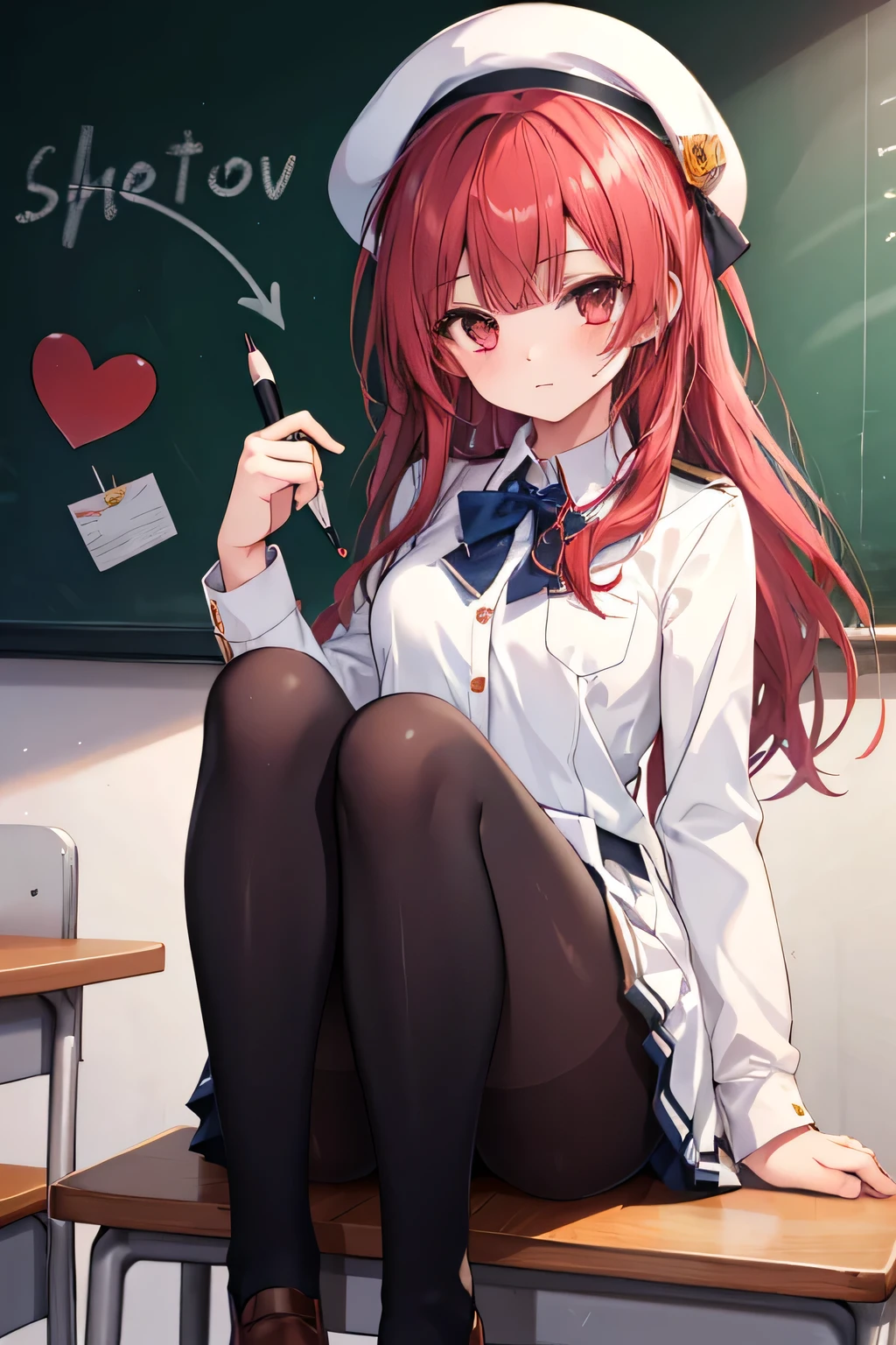 young girl, white beret,  school uniform), sitting, school fund, school fund(classroom), pantyhose, complete anatomy, graphic effects, first person,  holding a white board with a drawing of a heart