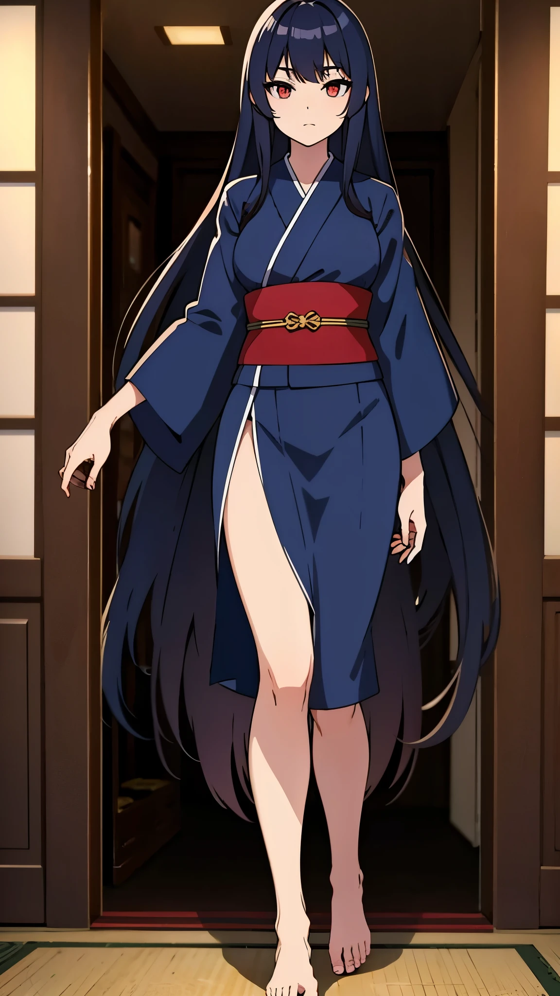 indoor, in japanese room, wearing dark blue lowleg yukata, bare foot, 1gial, ultra high res, Best quality, ultra detailed, full body shot, ideal ratio body proportions, clear detailed face, high nose(1:2), large mouth, red eyes, a strong female character with broad shoulders, straight long hair, anime style, intricate details, sharpen, 8k, masterpiece, intense gaze, dark eyelashes, slightly hanging eyes,
