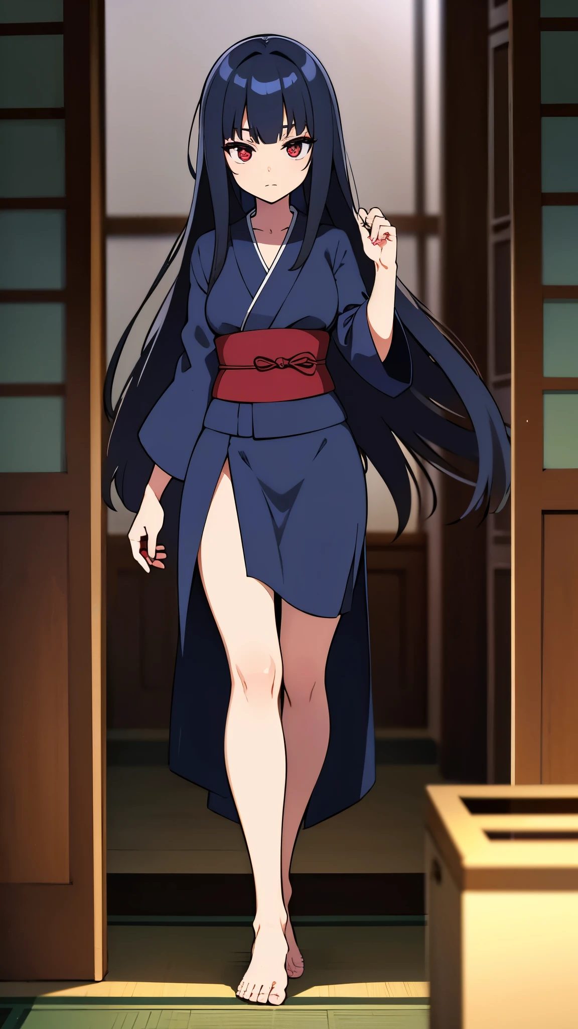 indoor, in japanese room, wearing dark blue lowleg yukata, bare foot, 1gial, ultra high res, Best quality, ultra detailed, full body shot, ideal ratio body proportions, clear detailed face, high nose(1:2), large mouth, red eyes, a strong female character with broad shoulders, straight long hair, anime style, intricate details, sharpen, 8k, masterpiece, intense gaze, dark eyelashes, slightly hanging eyes,