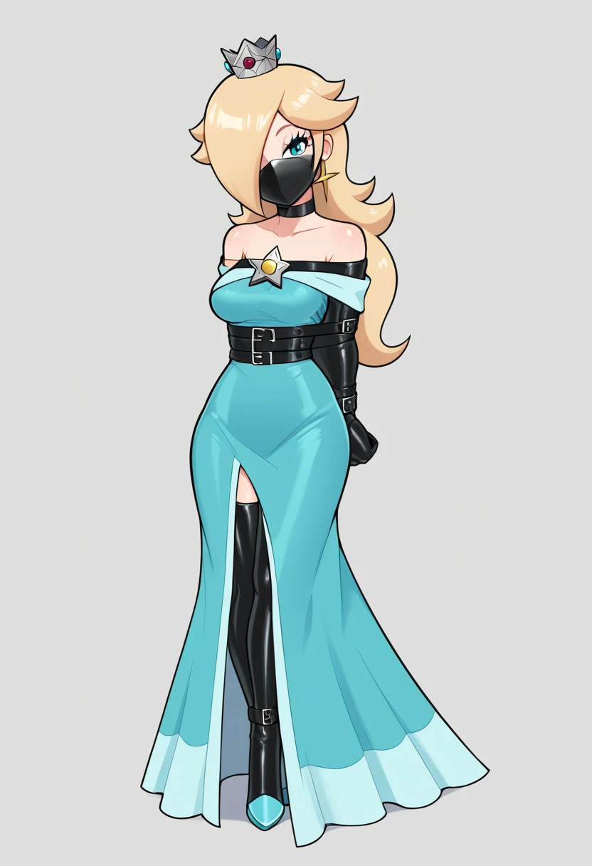 score_9, score_8_up, score_7_up, 1girl (Rosalina, from super mario lore, dark blue dress, ), flirt, gaze, sexy look, half-closed eyes, head tilt, makeup, (full bodies in view) expressiveh d4rk01l, perfect hands, perfect proportions, simple background. standing,  belt bondage, bound arms, arms behind back, tight mask, black mask, nude legs, (armbinder tied), (armbinder: 1.4), (front view), (sexy pose), (leather mask), complete body .