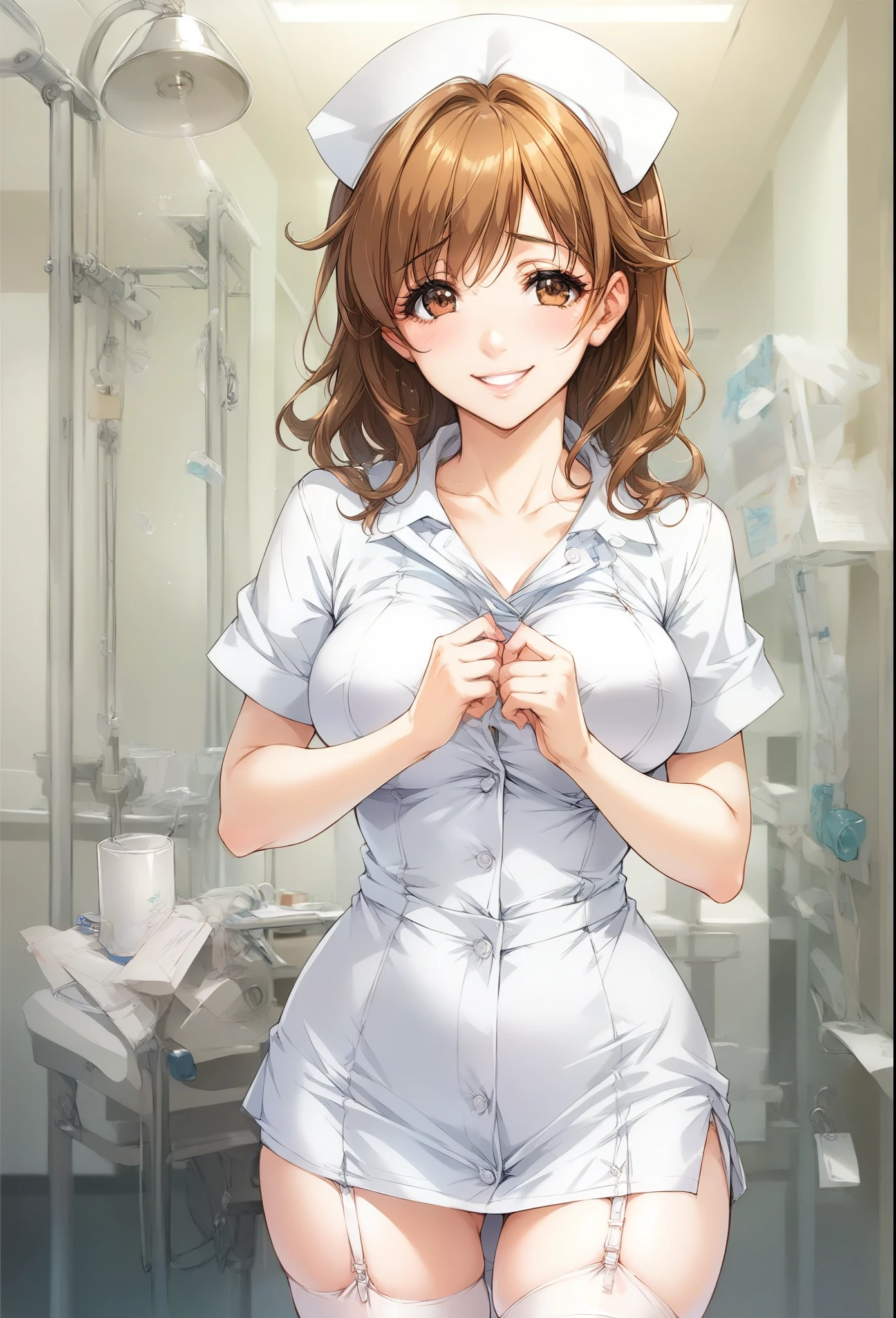 score_9, score_8_up, score_7_up, 1girl, brown hair, brown eyes, nurse, white thighhighs, garter belts, hospital, smile, happy, shy, solo, looking at viewer, sexy and curvy body,, clear hands, clear fingers, good hands drawing, detailed hand drawing