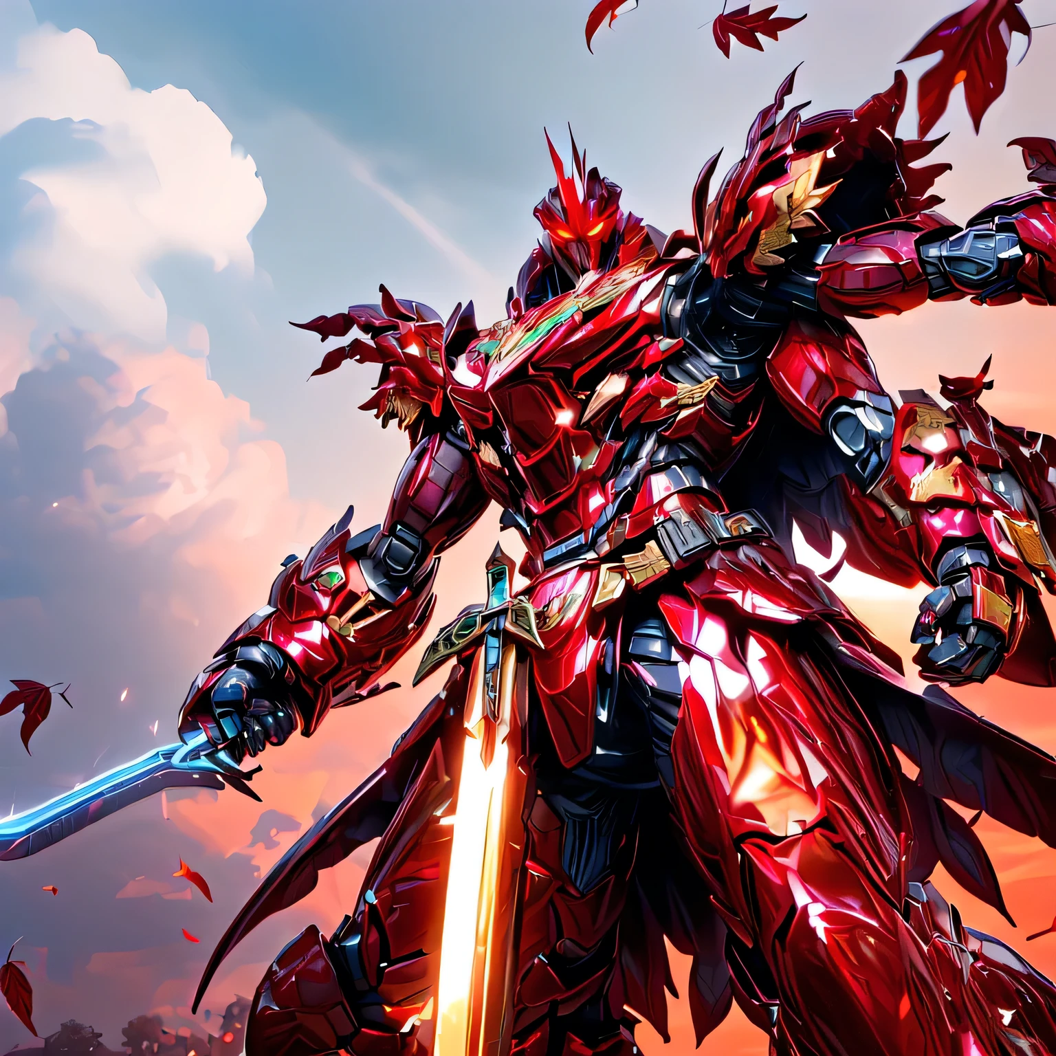 ((Big Clouds, Bright Red Sunset: 1.5, sunlight pouring down to the ground through a break in the clouds: 2.0, Pillar of Light, Many black wild birds flying in the sky : 1.0)), ((Many leaves are dancing due to strong winds : 1.5)), (Mecha:1.3), ((The golden robot is making violent movements: 1.5)), ((RAW photo, several people having fun with each other while having very detailed , Super detailed, best quality, masterpiece, 8k wallpaper, high definition , super precise illustration , using Unreal Engine: 2.0, Unreal Engine 6, Unreal Engine 5)), white armor , green eyes, alone, (Game CG:1.2), ( Black Light:1), mechanical parts, Robot joints, headgear , Full Armor , upper body,In the sky, glowing eyes, EdobLandscapeAlpha, ((masterpiece, best quality)), tight waist, (metallic), ((Detailed depiction of Mecha, Photorealistic images: 2.0, 4K, 8k, 16k, 32K)), big chest armor , Large shoulder armor, ( lots of blue discharges from armor ), Has 1 large horn on its head , (( a giant sword)), (Resplendently decorated armor: 1.5), (from below), (The outline of the armor shines in the light of the sunset)