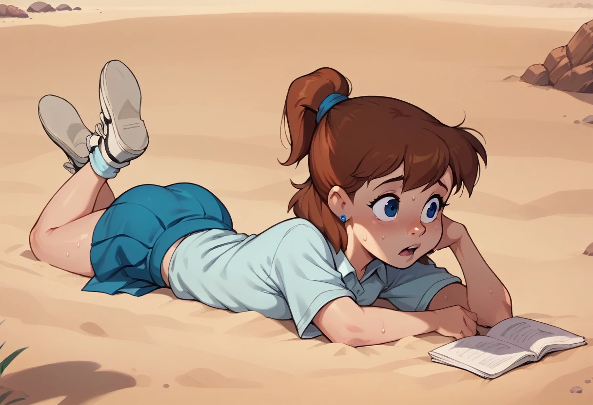 1girl, full body, solo, jenny, brown hair, ponytail, blue eyes, earrings, shirt, skirt, straight-on, lying, on stomach, crawling, showing her butt, Cute butt, on ground, tired, open mouth, tounge out, Sweating, in the sand, Desert Background