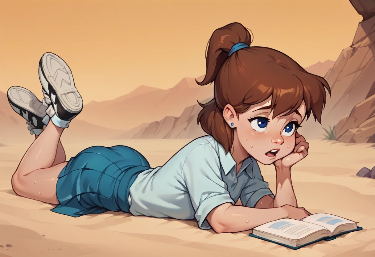 1girl, full body, solo, jenny, brown hair, ponytail, blue eyes, earrings, shirt, skirt, straight-on, lying, on stomach, crawling, showing her butt, Cute butt, on ground, tired, open mouth, tounge out, Sweating, in the sand, Desert Background