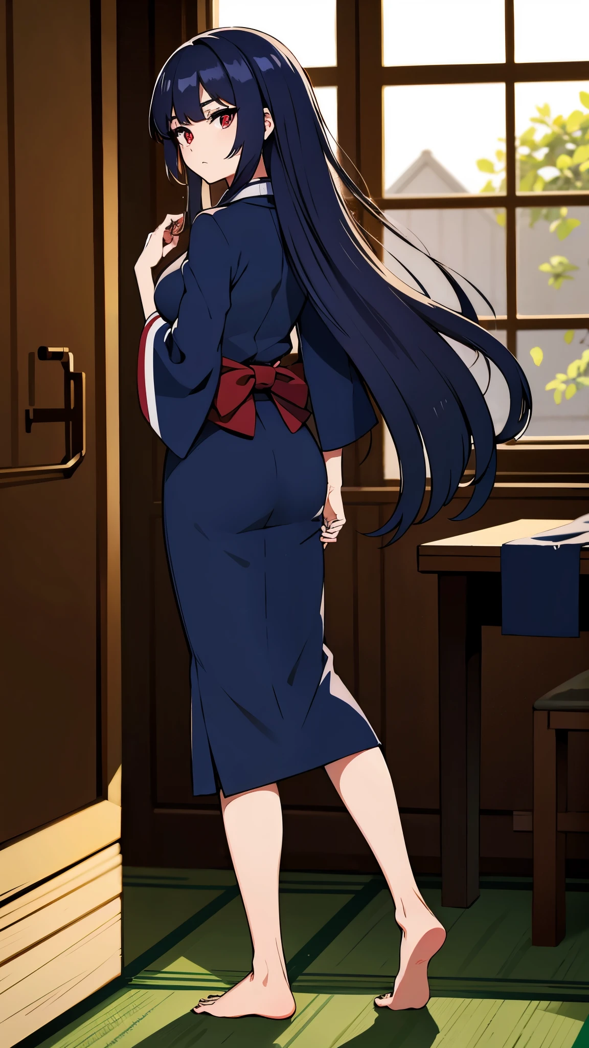 indoor, in japanese room, wearing dark blue lowleg yukata, bare foot, looking back, 1gial, ultra high res, Best quality, ultra detailed,  ideal ratio body proportions, clear detailed face, high nose(1:2), large mouth, red eyes, a strong female character with broad shoulders, straight long hair, anime style, intricate details, sharpen, 8k, masterpiece, intense gaze, dark eyelashes, slightly hanging eyes,