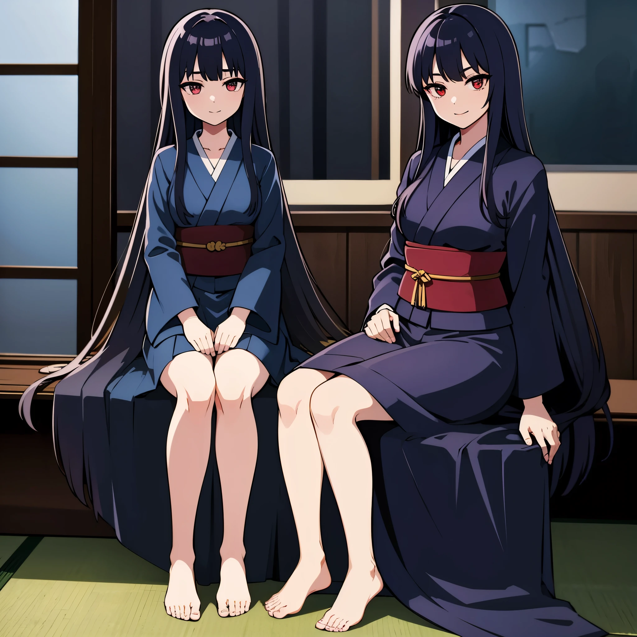 indoor, in japanese room, wearing dark blue lowleg yukata, bare foot, sitting, evil smile, 1gial, ultra high res, Best quality, ultra detailed, ideal ratio body proportions, clear detailed face, high nose(1:2), large mouth, red eyes, a strong female character with broad shoulders, straight long hair, anime style, intricate details, sharpen, 8k, masterpiece, intense gaze, dark eyelashes, slightly hanging eyes,