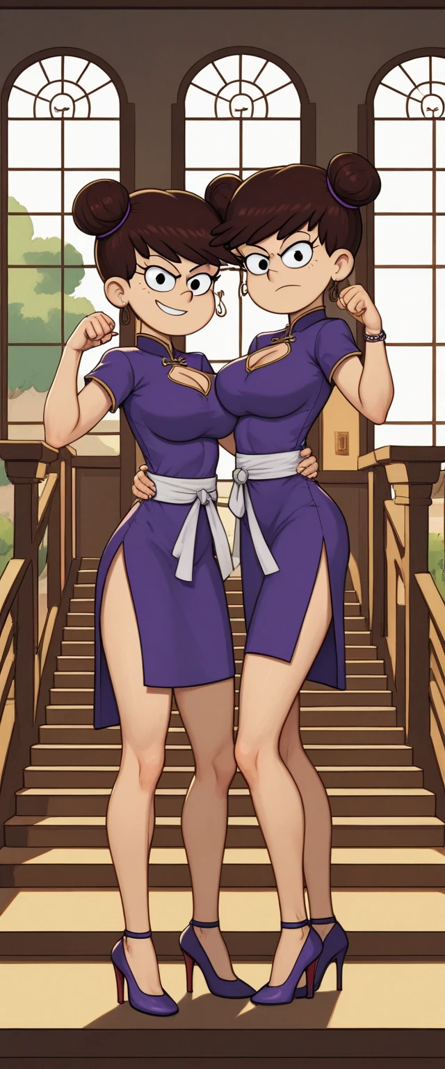 luna loud, 2girl, duo, 24yo girl, large breasts, purple cheongsam, inside of a chinese temple, looking at viewer, brunette hair, two hair buns , hands  score_9, score_8_up, score_7_up, high heels, teep fighting stance,martial arts, stairs behind her, guarding the stairs, chest window, twins