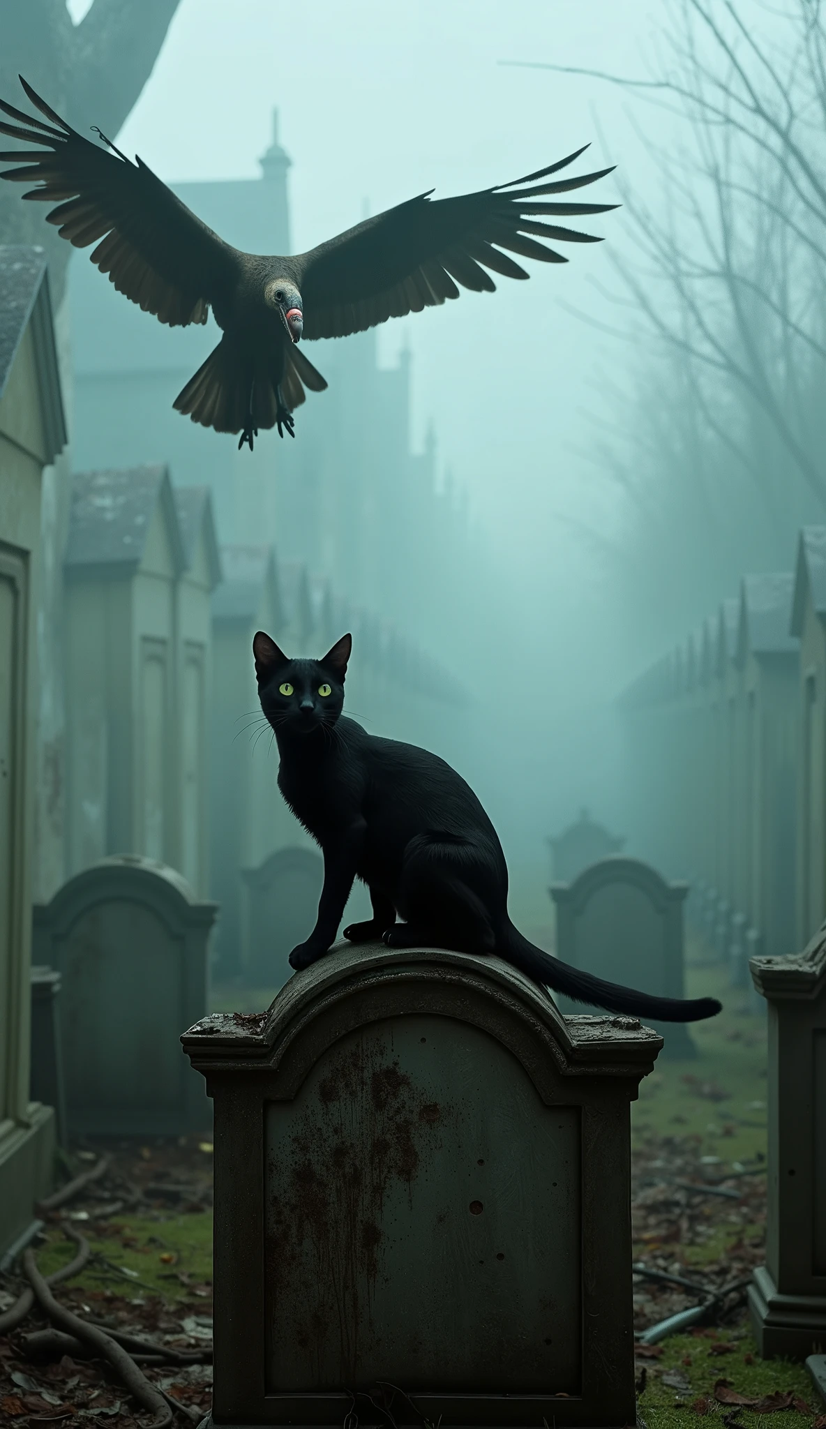 Horror scene, outlast, silent hill atmosphere. A black cat with glowing green eyes crouches on a crumbling tombstone, while a massive vulture with blood-stained feathers circles overhead. The graveyard is overgrown and shrouded in thick fog, with faint whispers echoing through the air, (Ultra-realistic, 32k, Masterpiece, High Quality, Detailed Realistic Background, Official Art, Realistic Lighting, filmfotos, film grain, reversal film photography), Mysterious