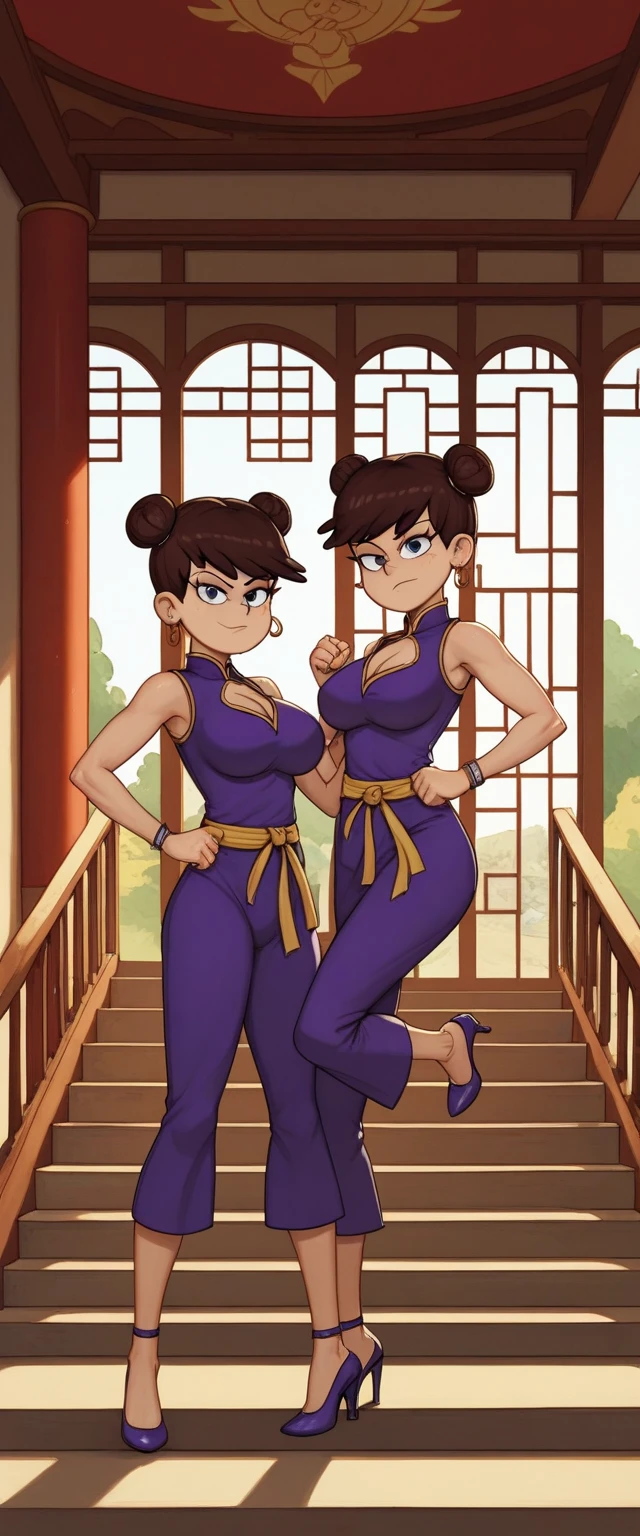 luna loud, 2girl, duo, 24yo girl, large breasts, purple cheongsam, inside of a chinese temple, looking at viewer, brunette hair, two hair buns , hands  score_9, score_8_up, score_7_up, high heels, teep fighting stance,martial arts, stairs behind her, guarding the stairs, chest window, twins