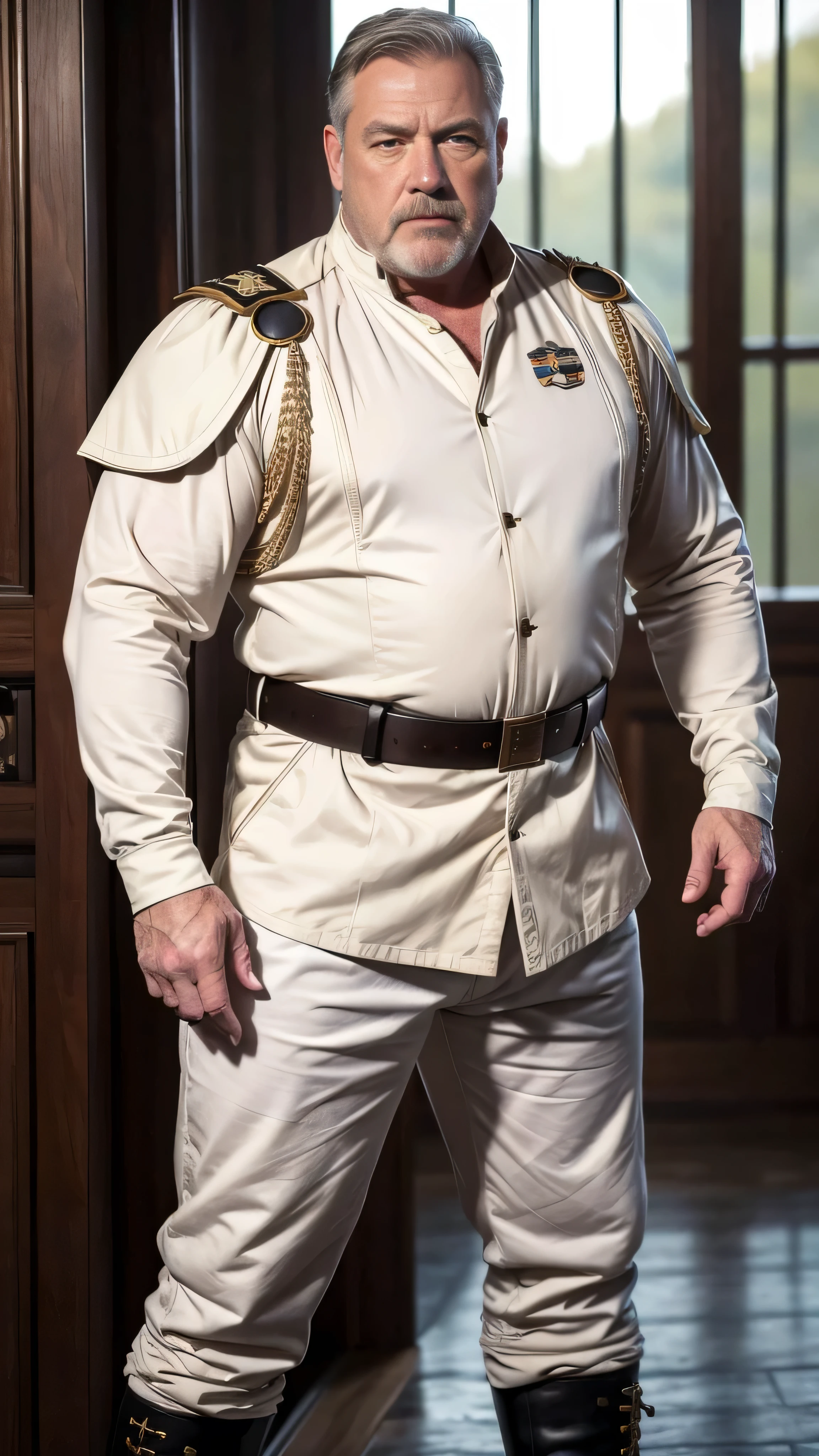 (best quality,4k,8k,highres,masterpiece:1.2), Appearance:age 60, white man empire Battlestar admiral, horny disgusting, muscular chubby, kind, mature daddy, hairy chest hard nipple.Clothing: admiral armor uniform jacket, armor uniform Pants with big hard bulge, belt, boots. at Battlestar Bridge